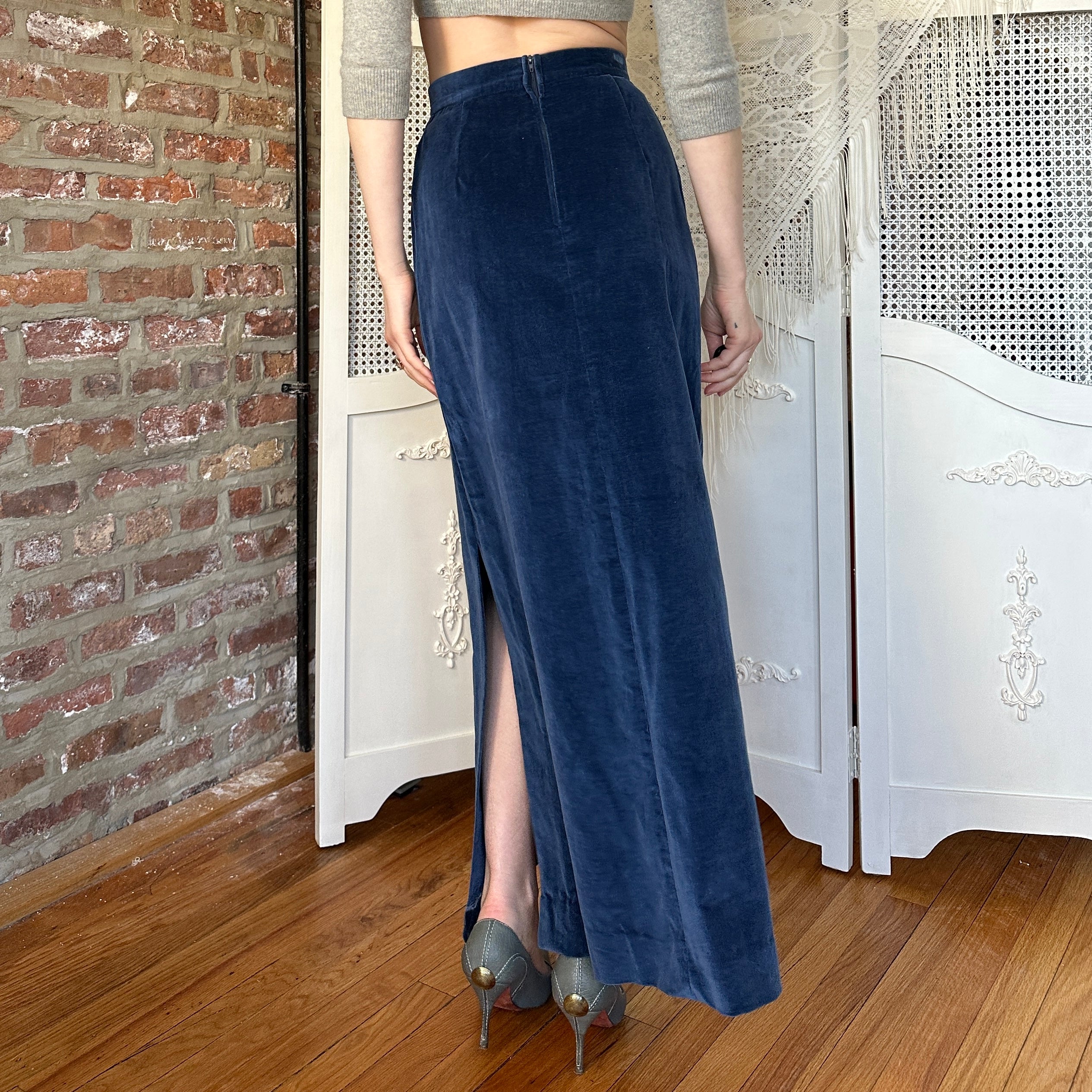 True Vintage Blue Velvet Maxi Skirt (S)