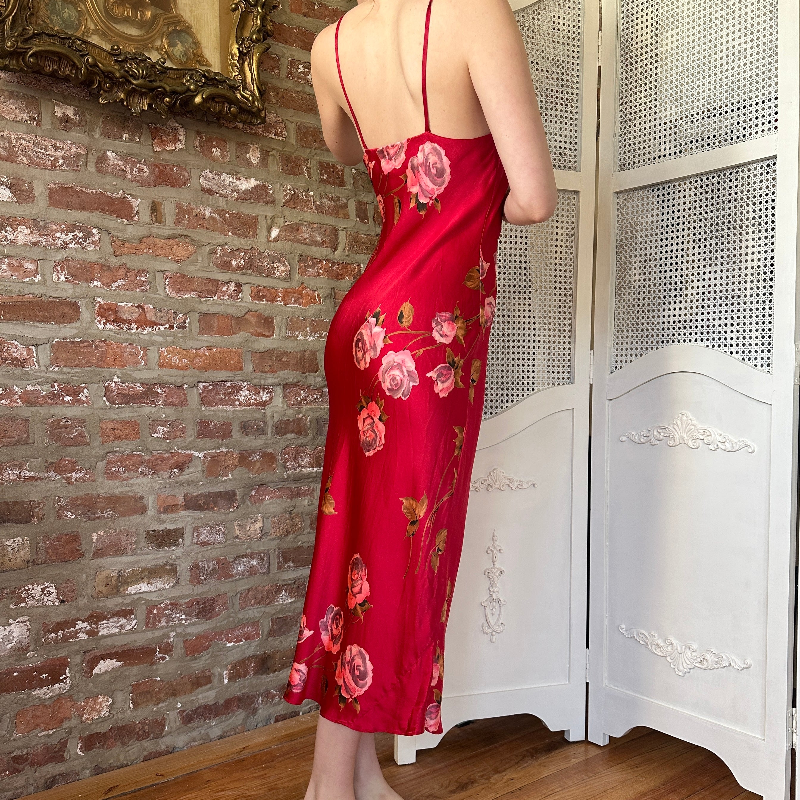 Vintage Silk Red Floral Slip Dress (S)