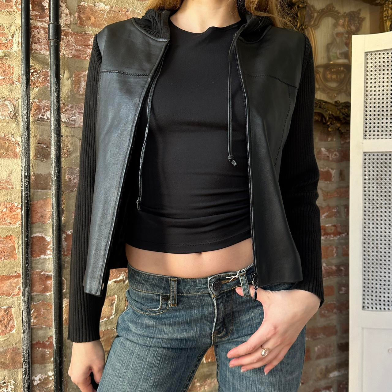 Vintage Black Leather Zip-Up Shacket (S)