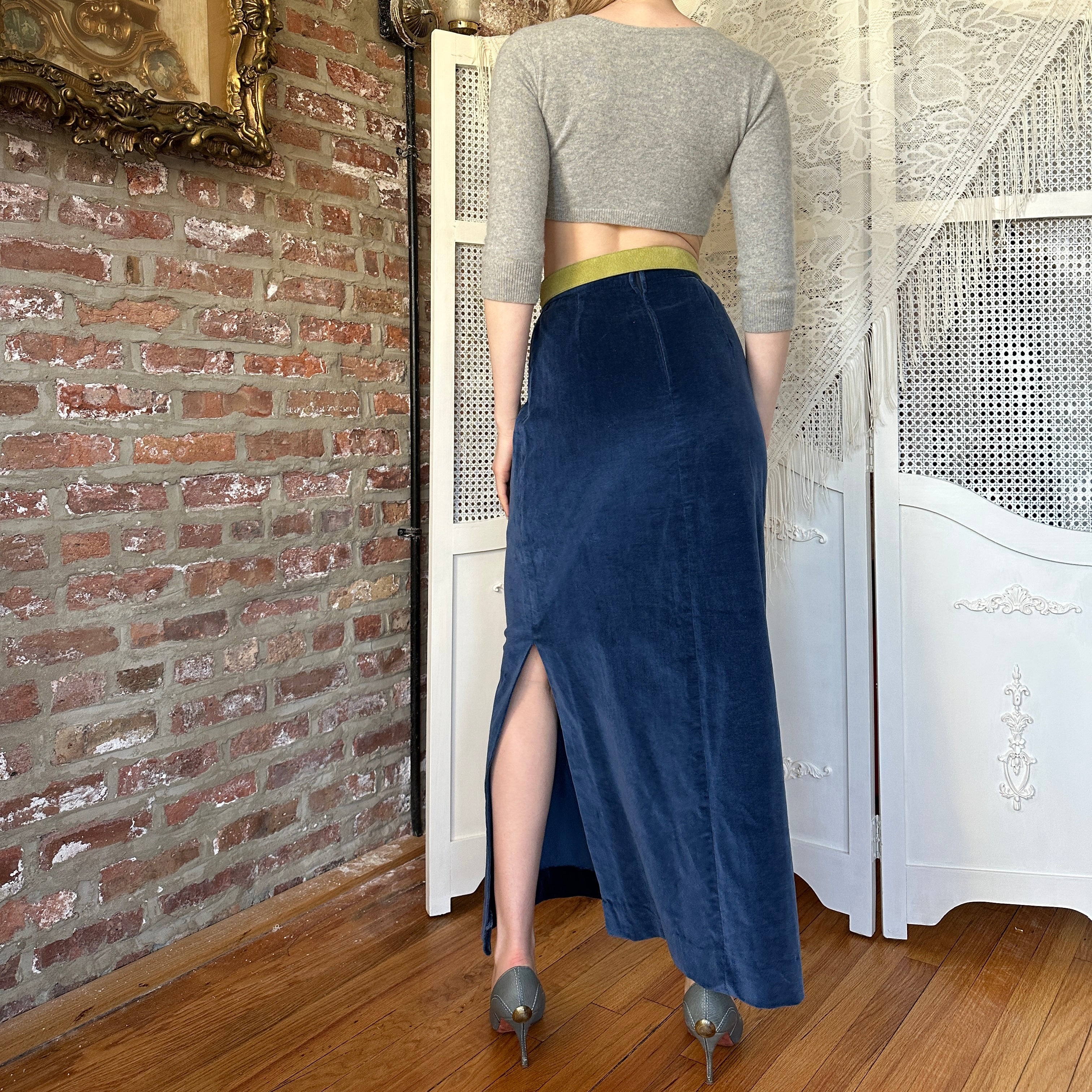 True Vintage Blue Velvet Maxi Skirt (S)