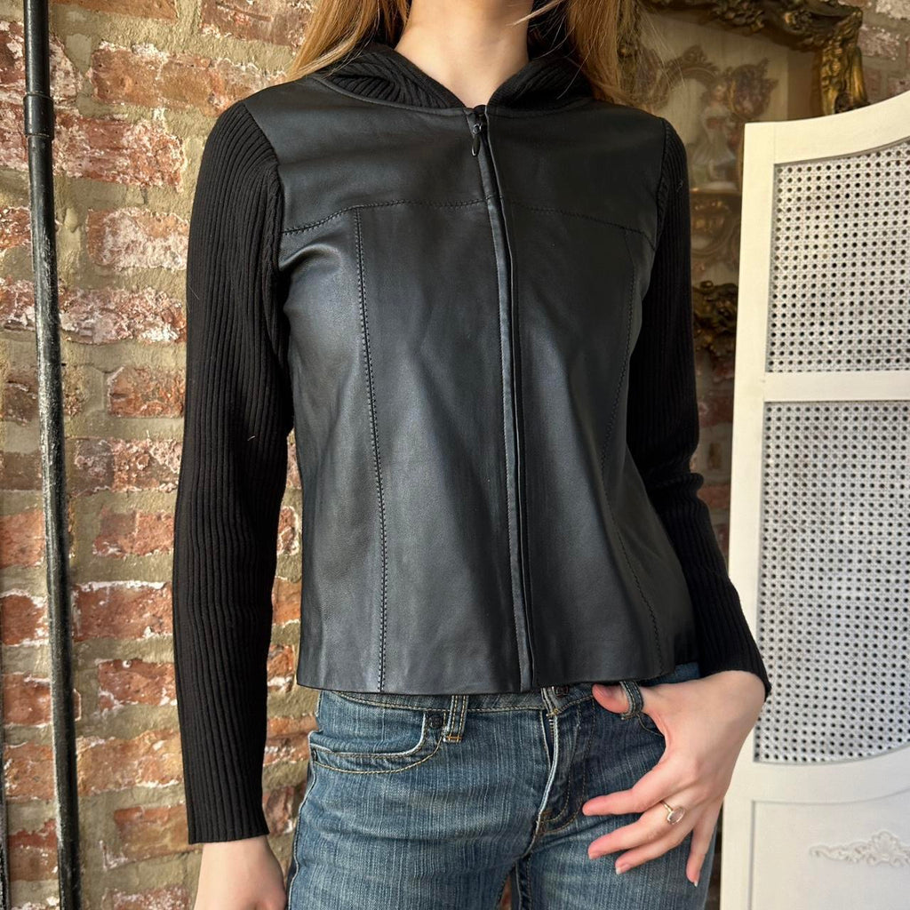 Vintage Black Leather Zip-Up Shacket (S)