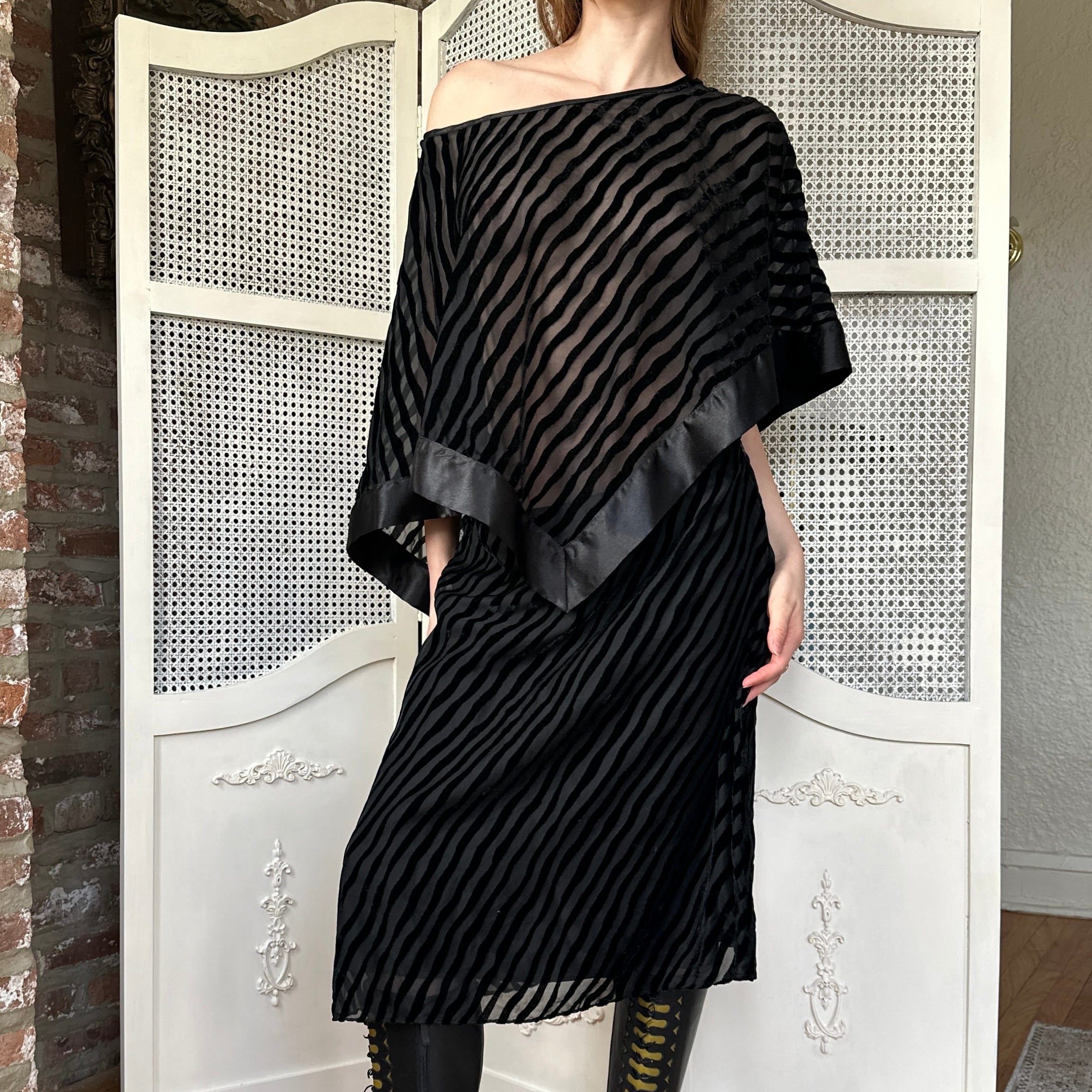 Vintage Striped Silk Poncho & Skirt Set (M)