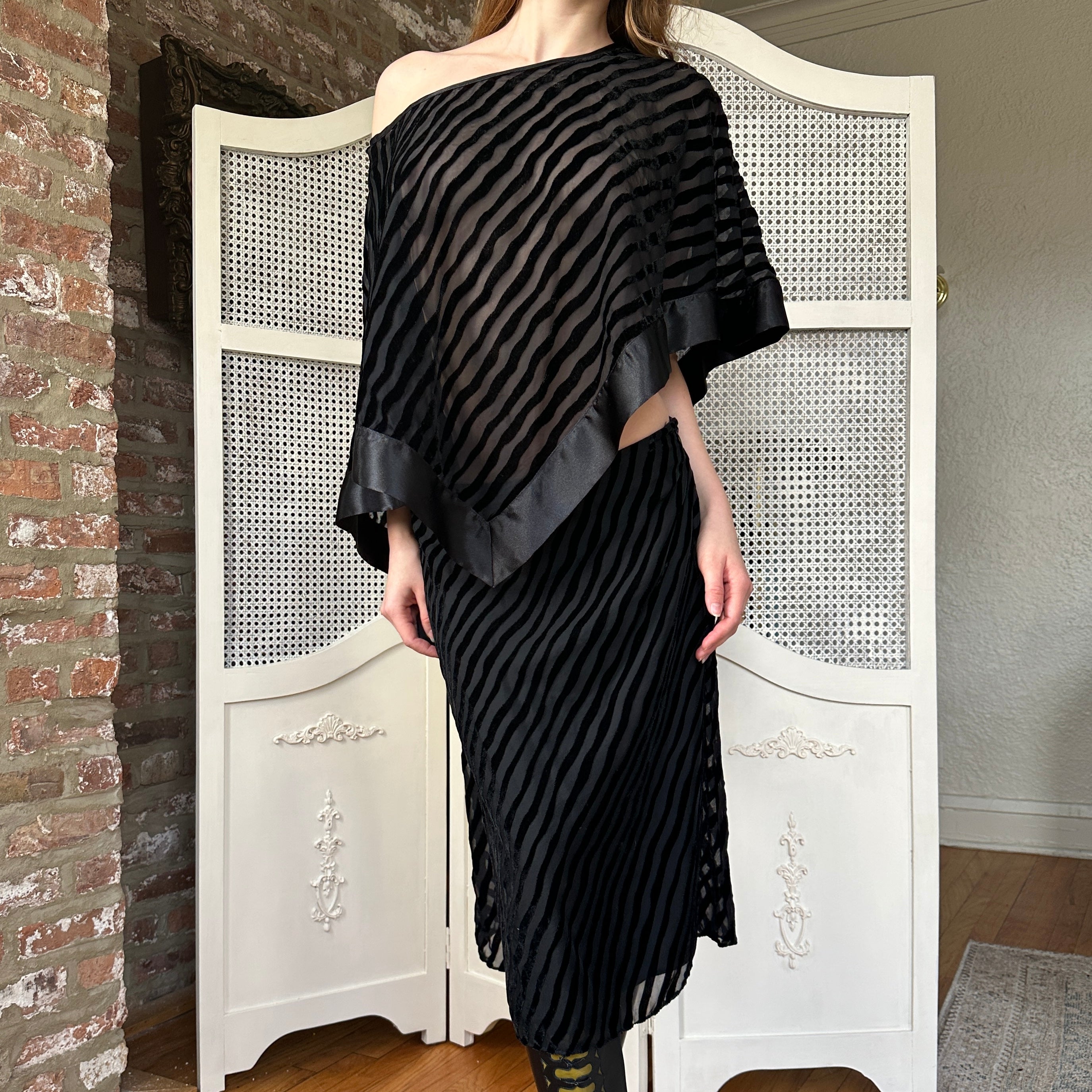 Vintage Striped Silk Poncho & Skirt Set (M)