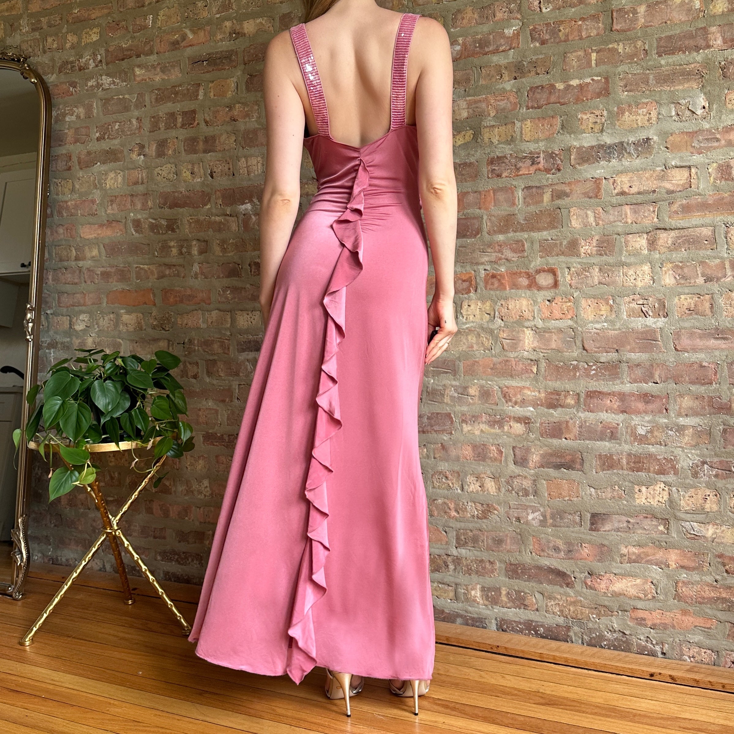 2000s Blush Sequin Ruffle Maxi