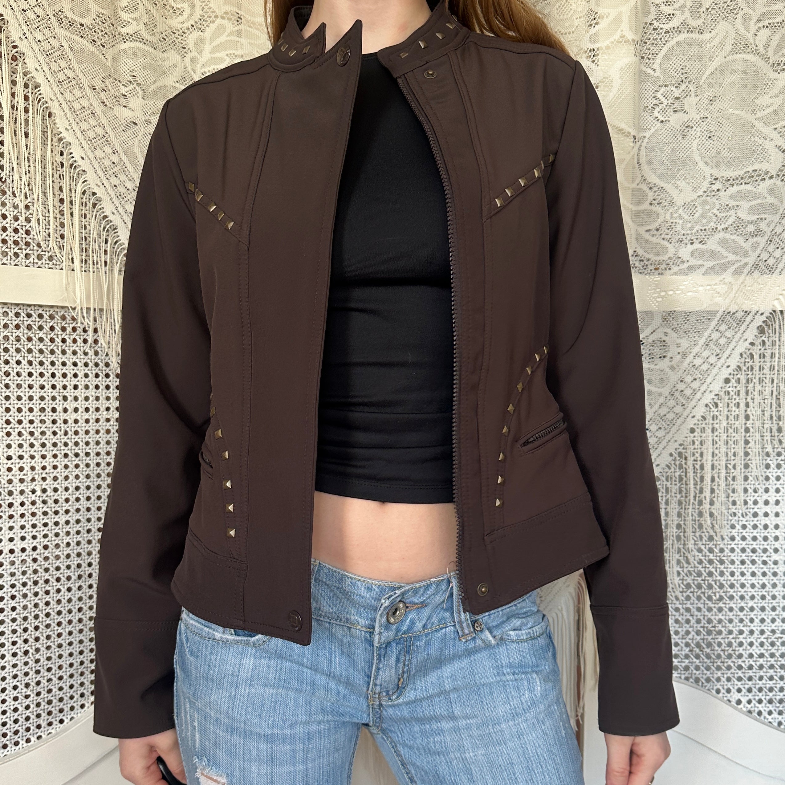 2000s Studded Brown Moto-Style Jacket (S/M)
