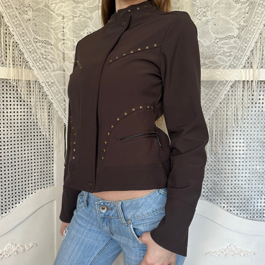 2000s Studded Brown Moto-Style Jacket (S/M)