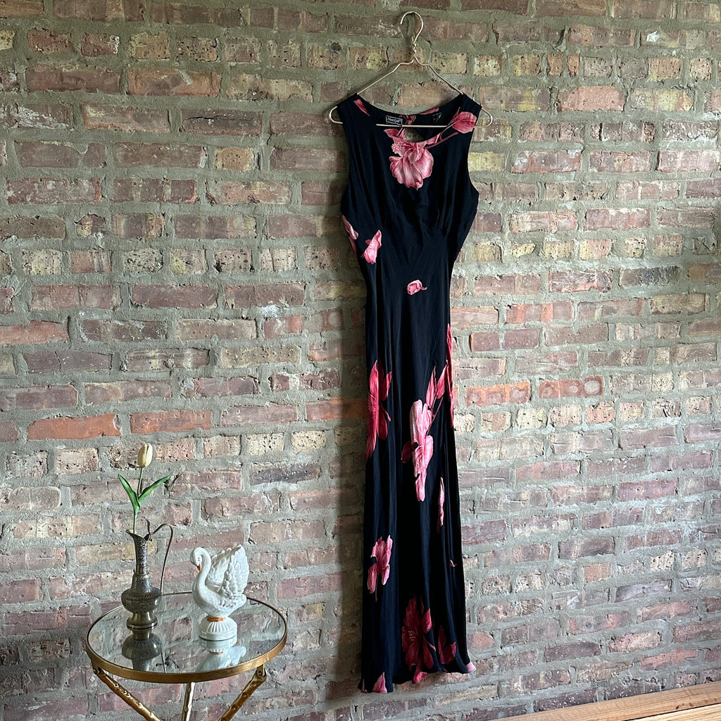 90s Black & Coral Floral Maxi Dress (S/M)