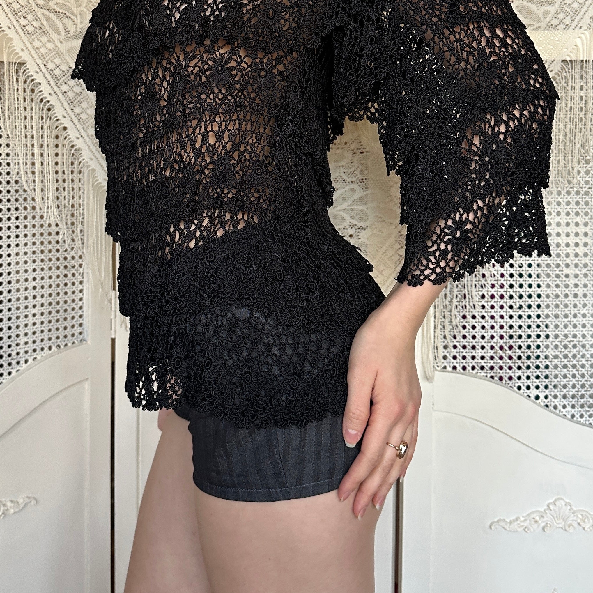 True Vintage Black Crochet Ruffle Blouse (S/M)