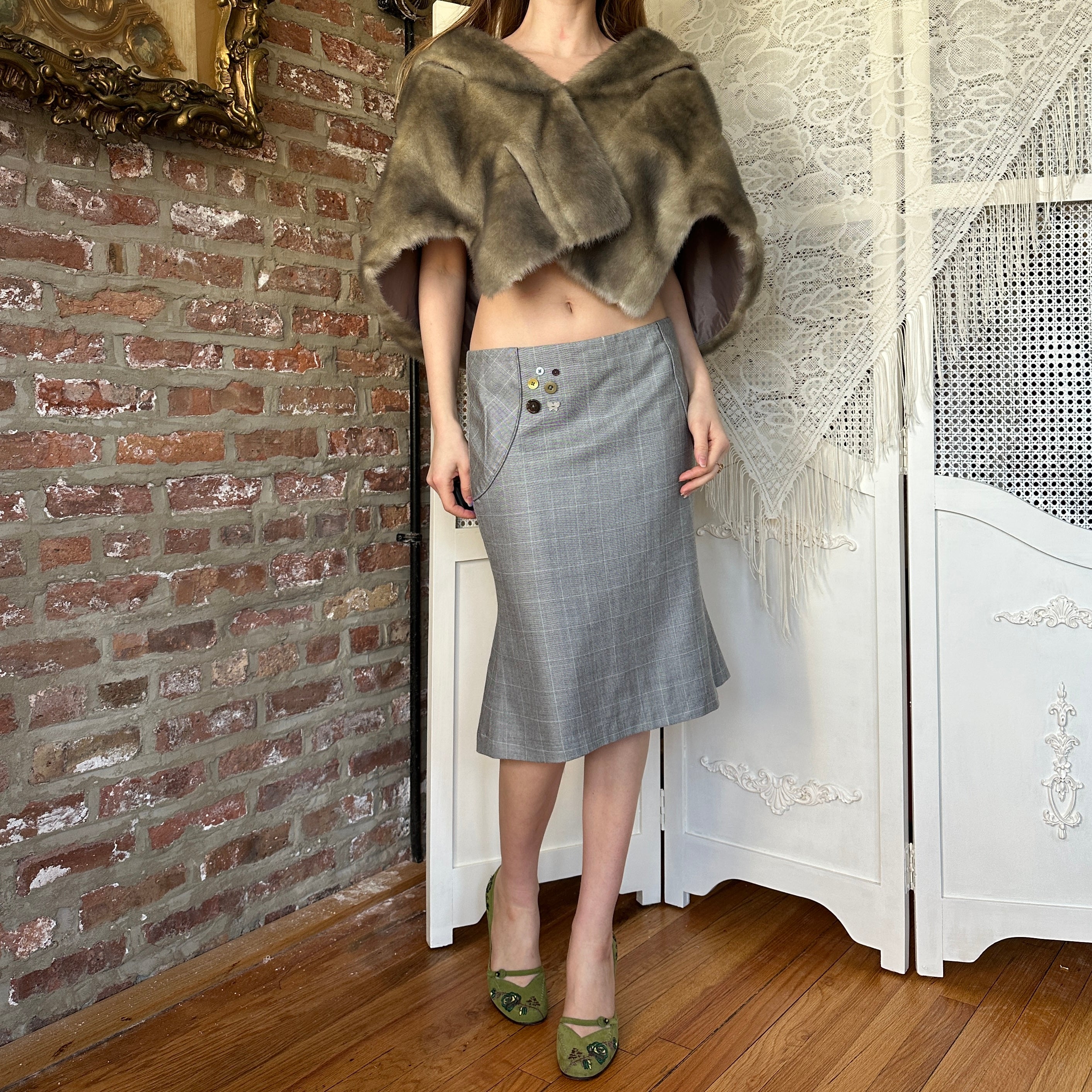 Vintage Button-Embellished Plaid Midi Skirt (S)