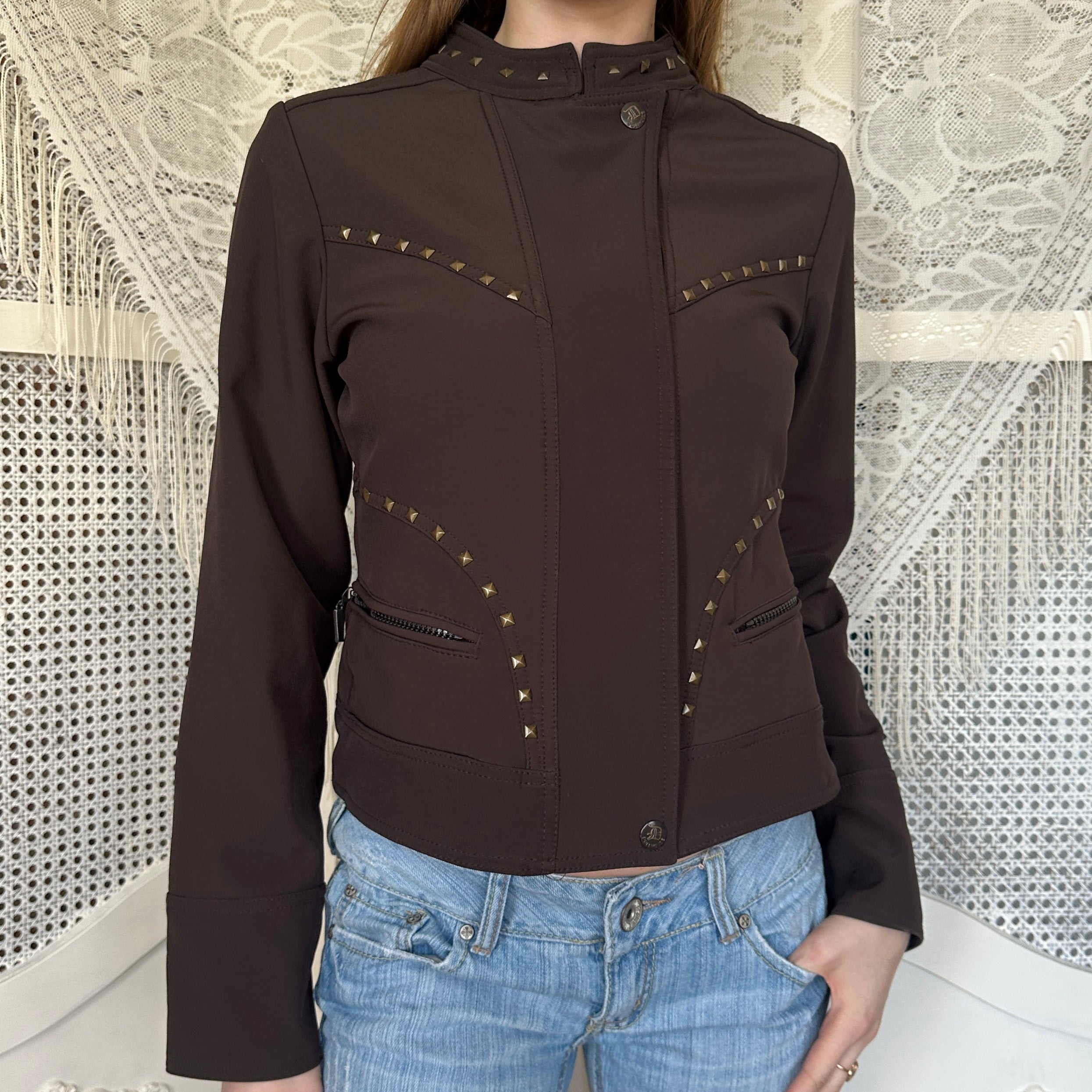 2000s Studded Brown Moto-Style Jacket (S/M)