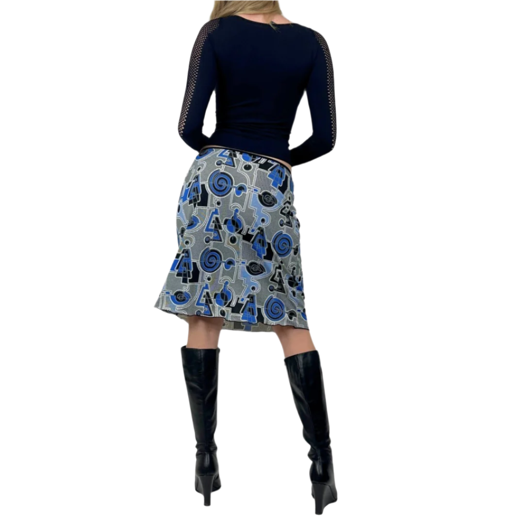 90s Geometric-Print Slinky Midi Skirt (S)
