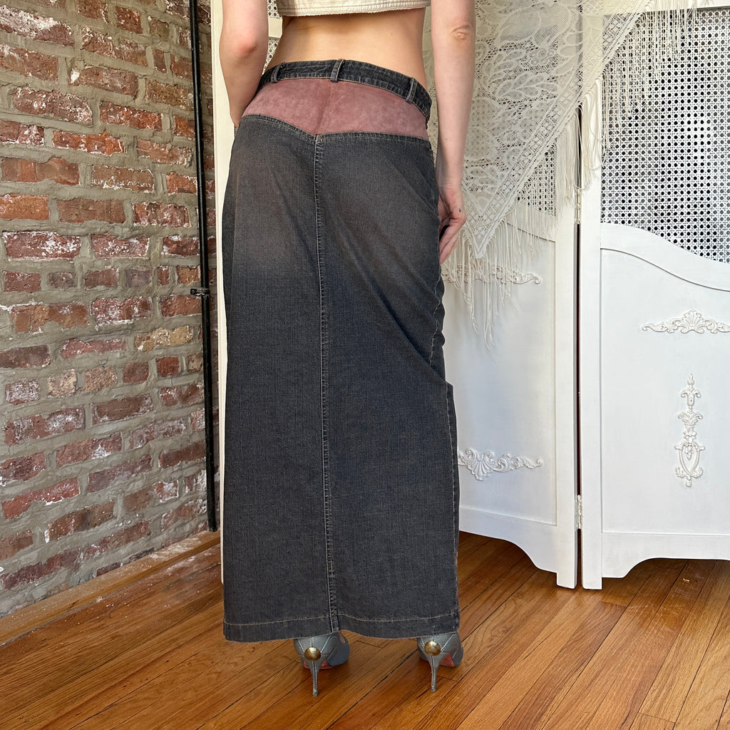Vintage Denim Suede & Embroidered Maxi Skirt (M)