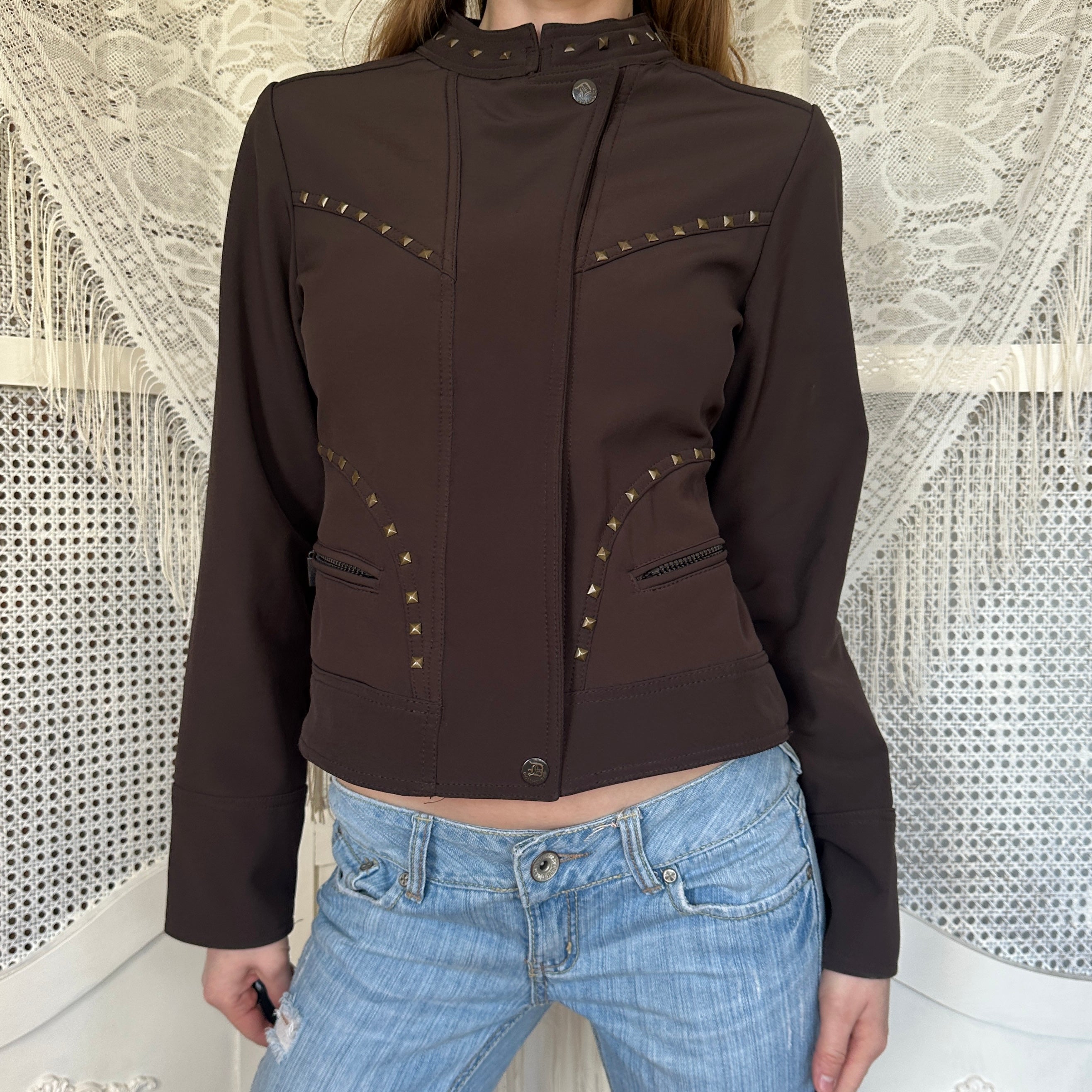2000s Studded Brown Moto-Style Jacket (S/M)