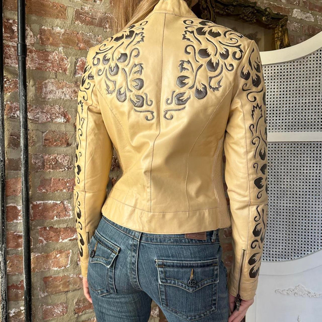 Vintage Tan & Black Leather Moto Jacket (S)