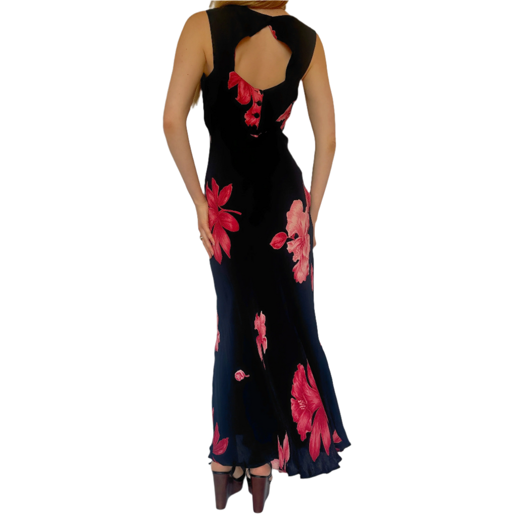 90s Black & Coral Floral Maxi Dress (S/M)