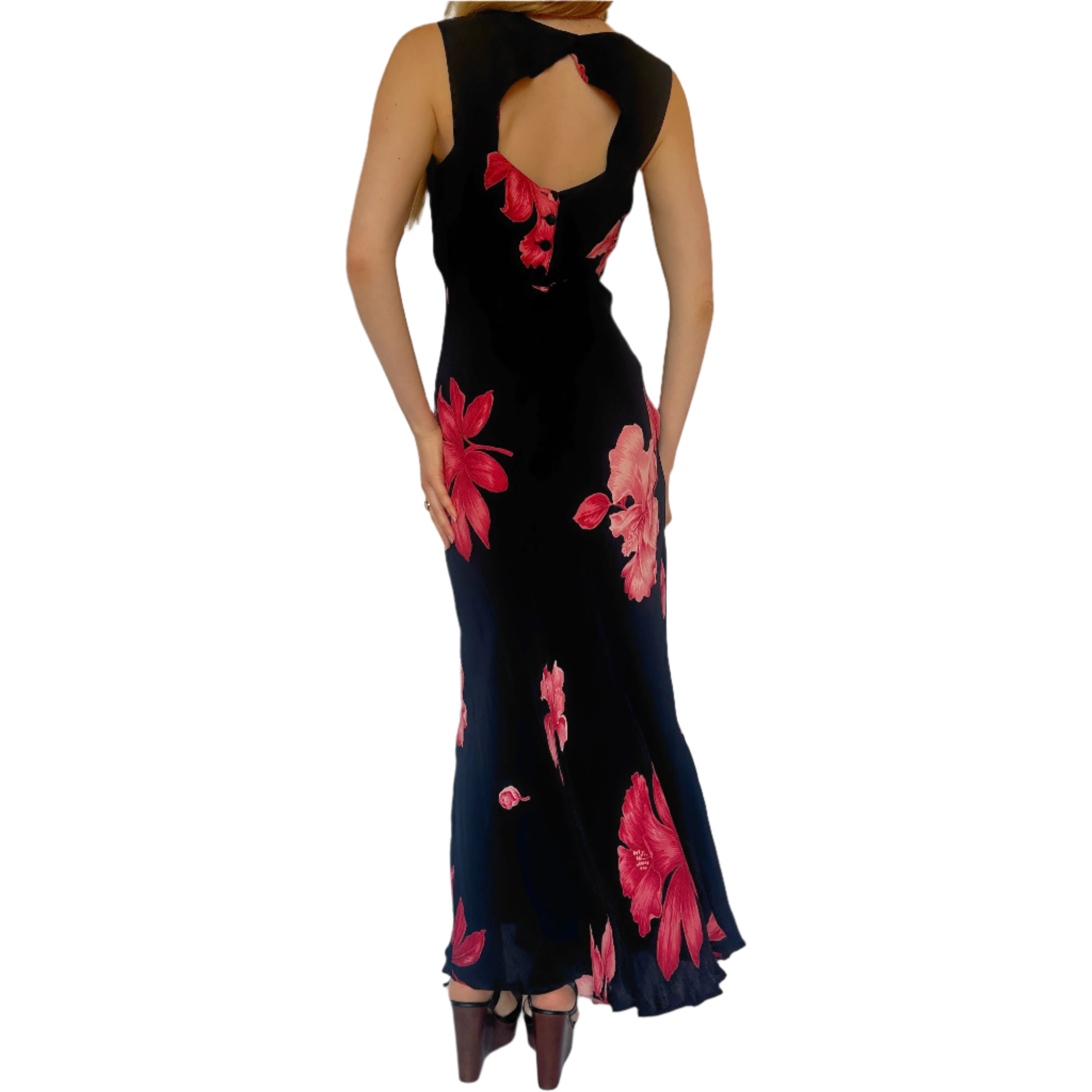 90s Black & Coral Floral Maxi Dress (S/M)