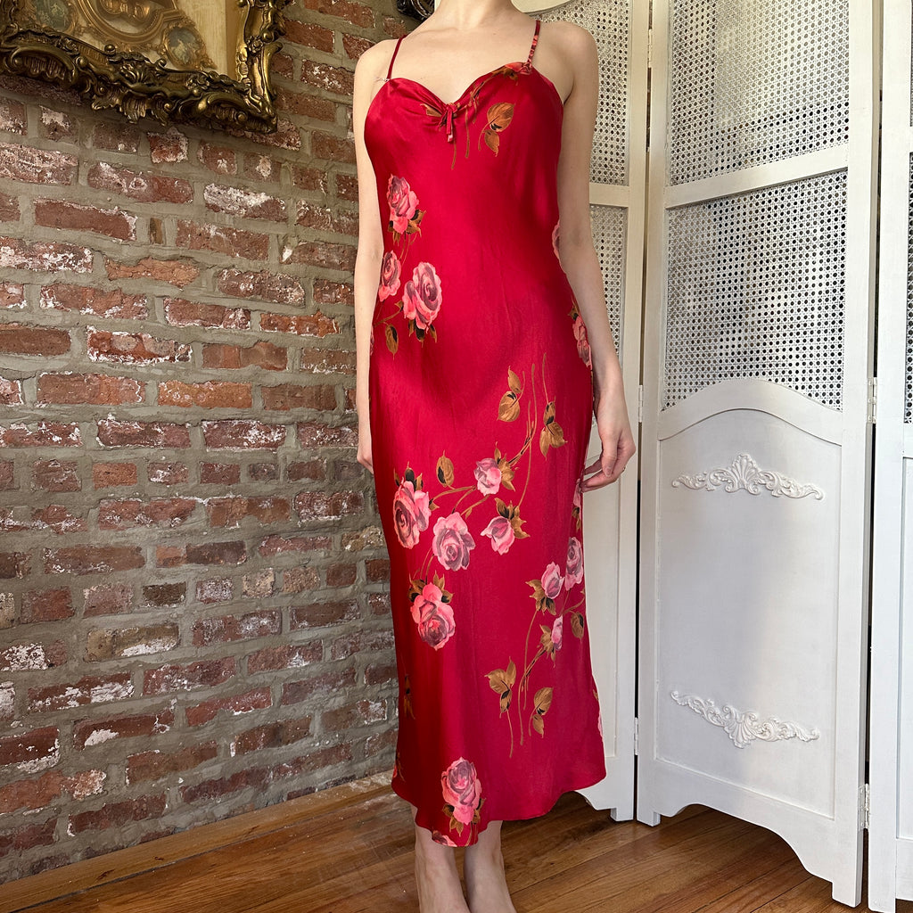 Vintage Silk Red Floral Slip Dress (S)