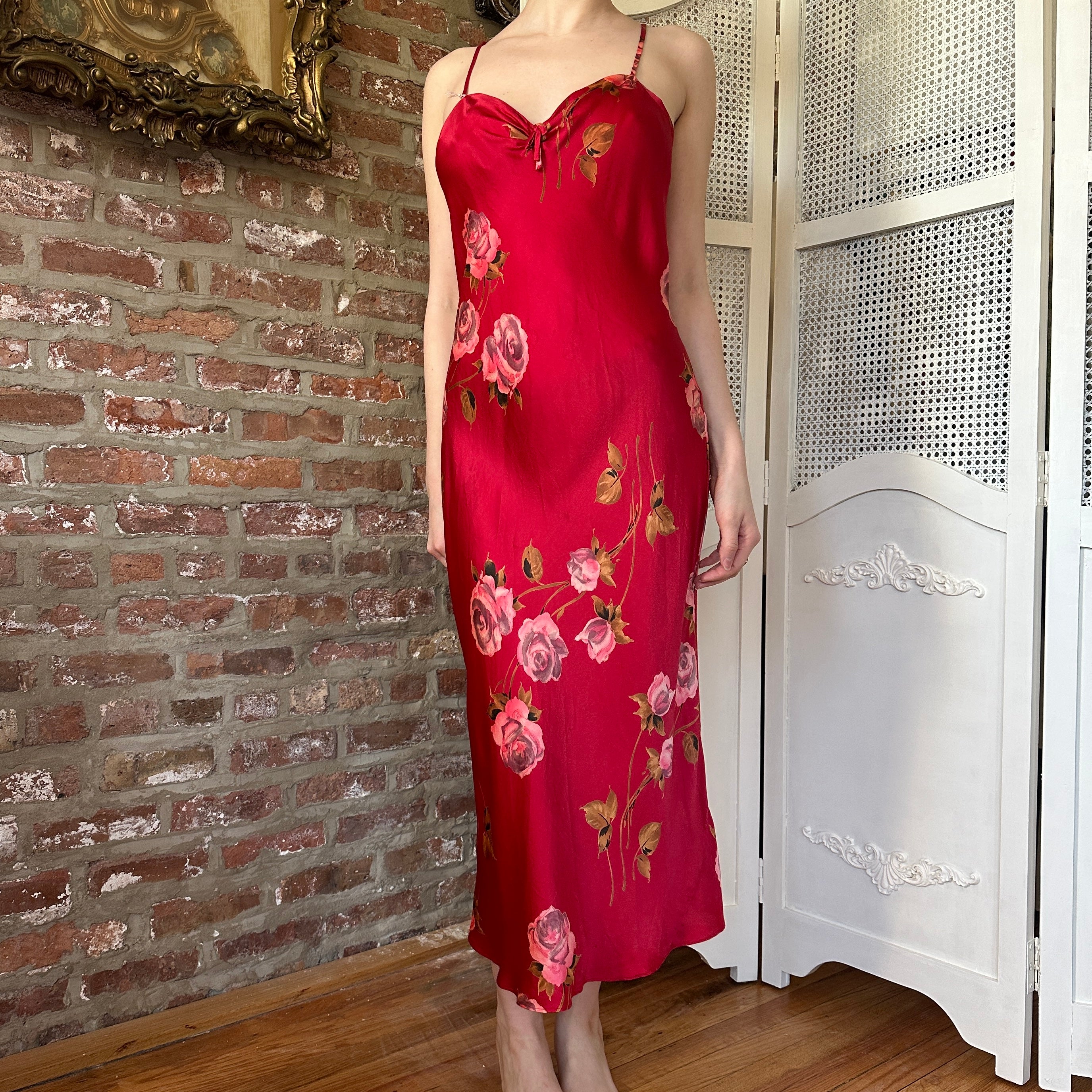 Vintage Silk Red Floral Slip Dress (S)