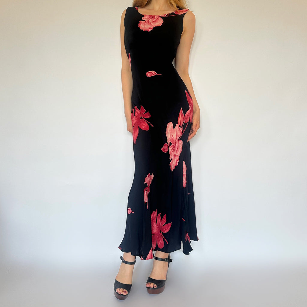 90s Black & Coral Floral Maxi Dress (S/M)