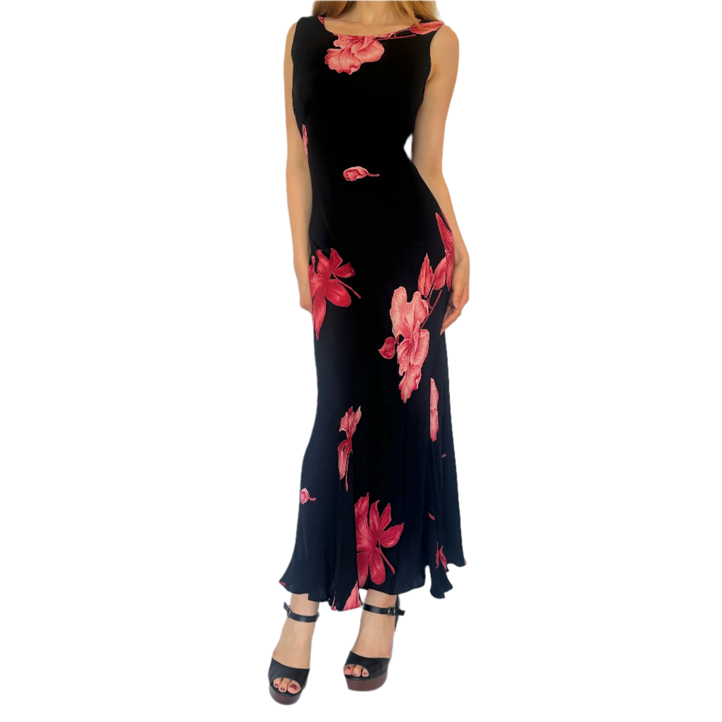 90s Black & Coral Floral Maxi Dress (S/M)