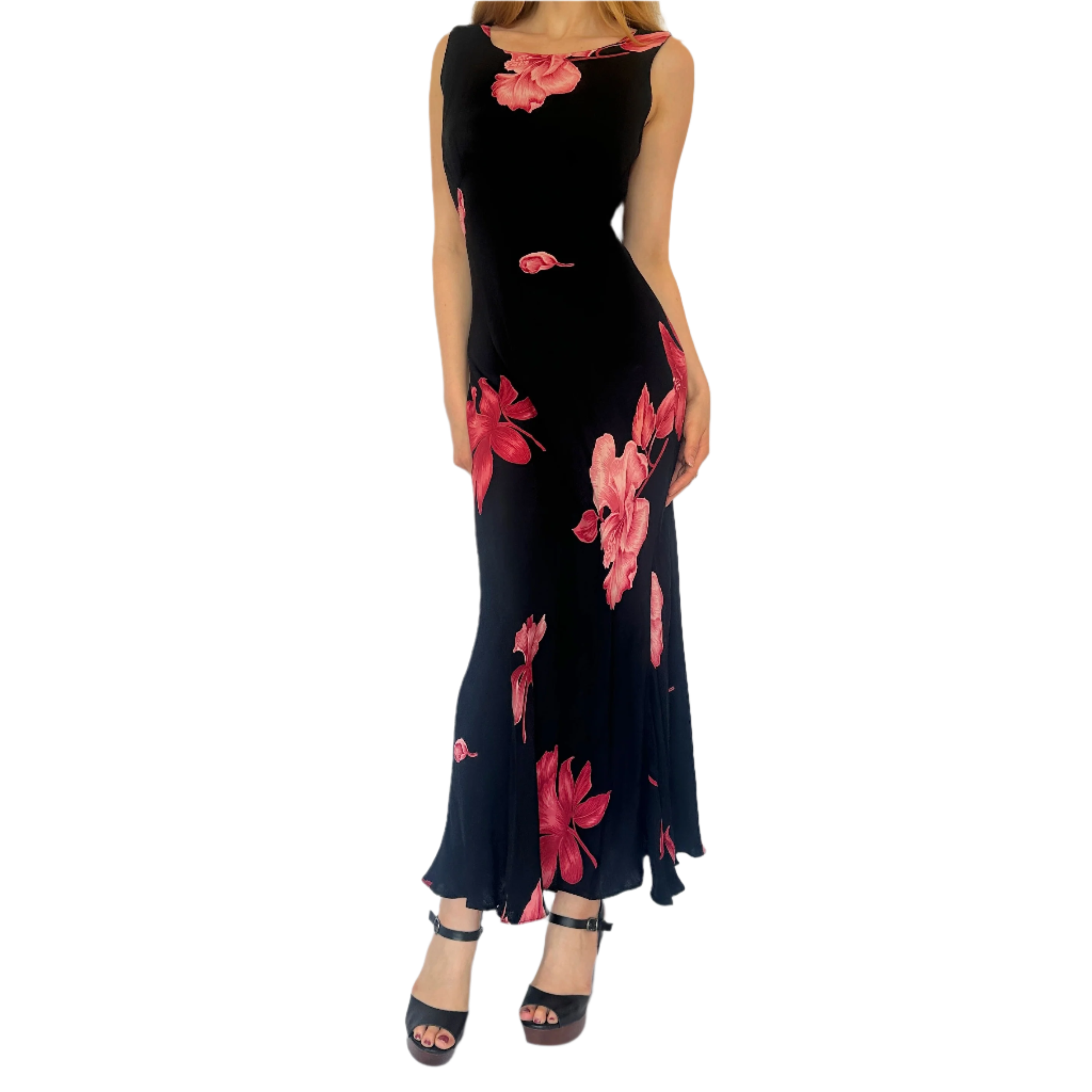 90s Black & Coral Floral Maxi Dress (S/M)