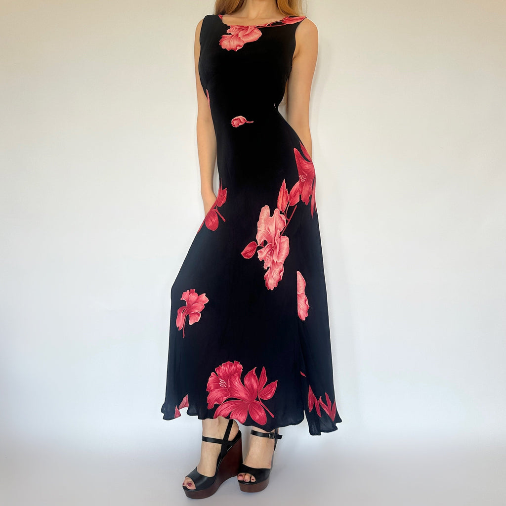 90s Black & Coral Floral Maxi Dress (S/M)