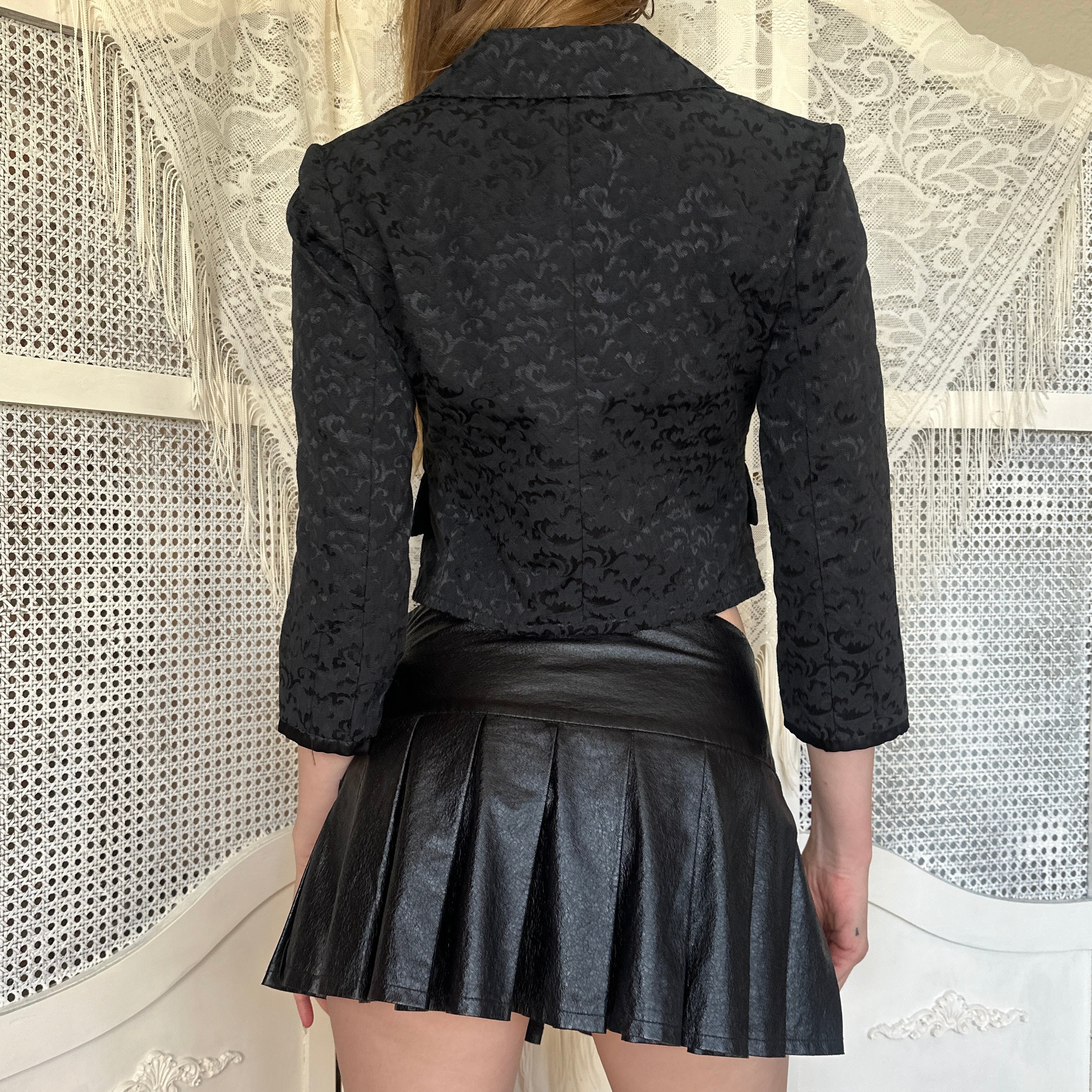 Vintage Black Pleated Faux Leather Mini Skirt (S)