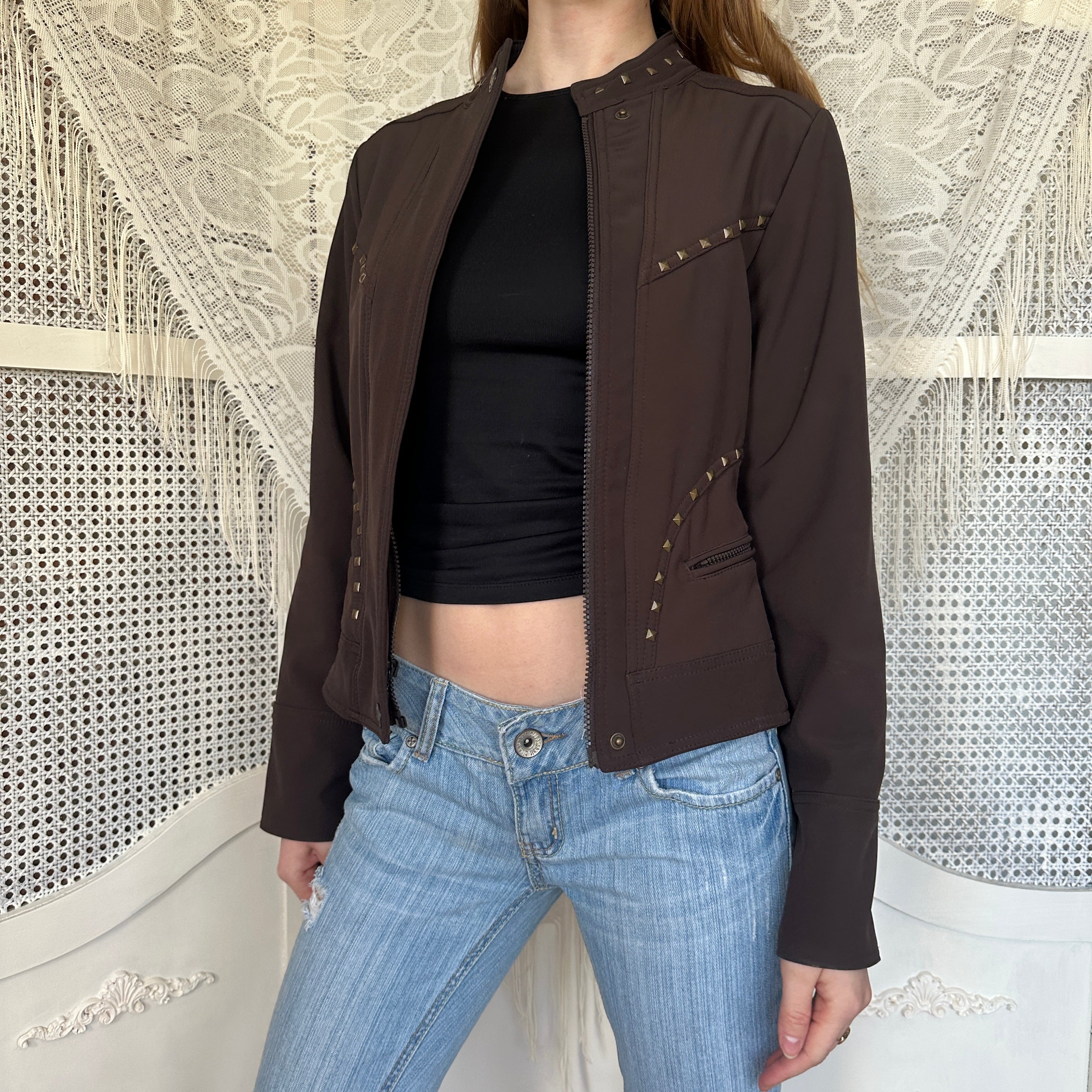 2000s Studded Brown Moto-Style Jacket (S/M)
