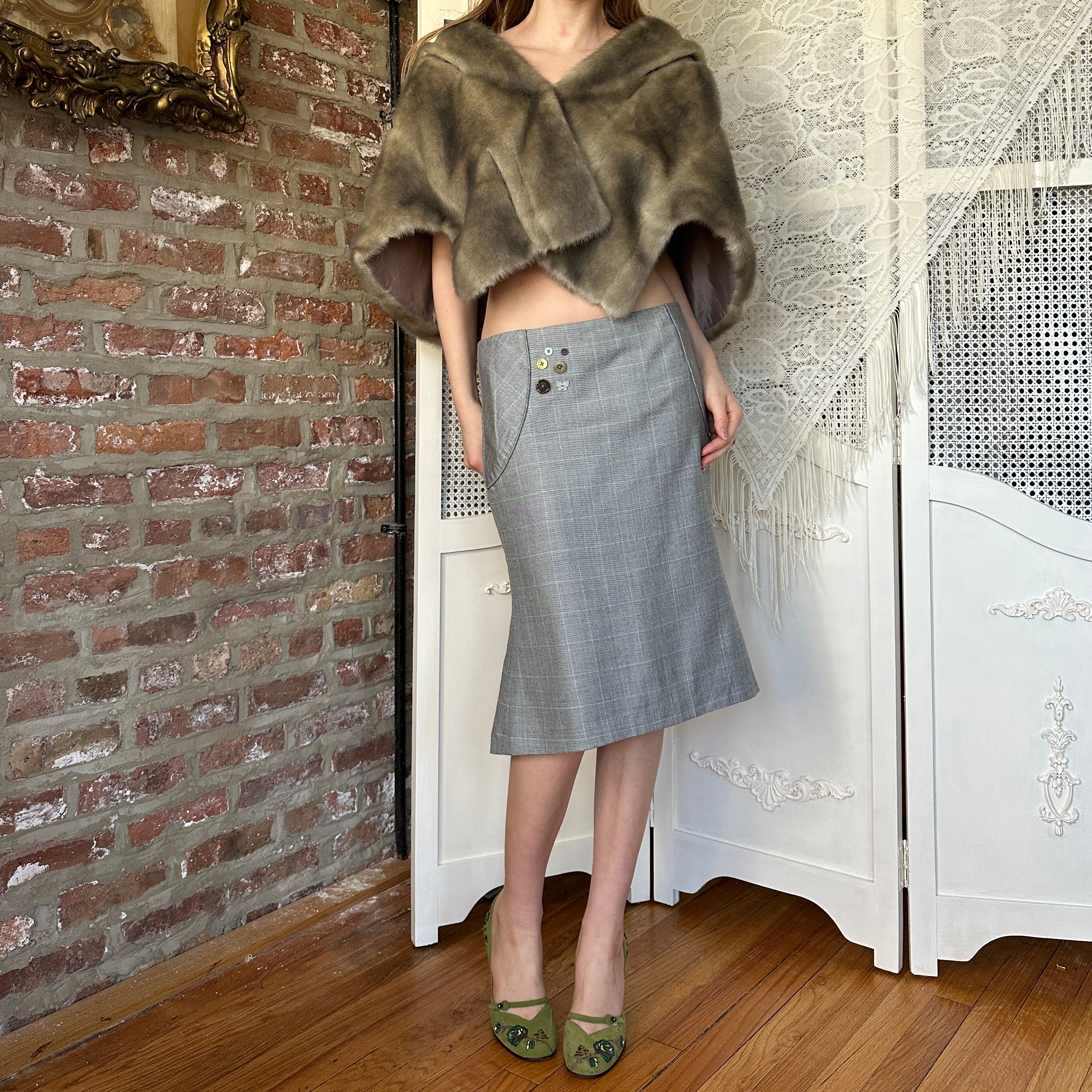 Vintage Button-Embellished Plaid Midi Skirt (S)