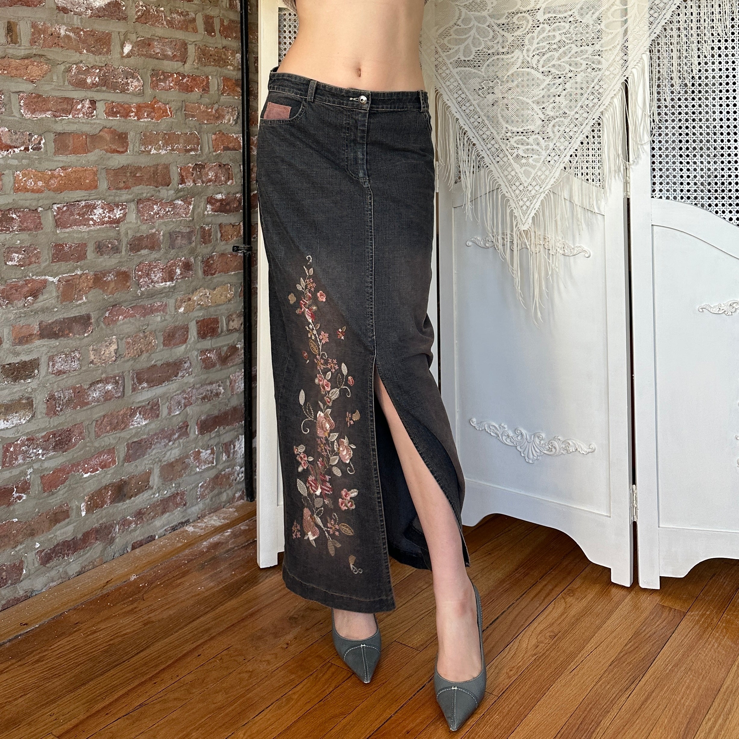 Vintage Denim Suede & Embroidered Maxi Skirt (M)