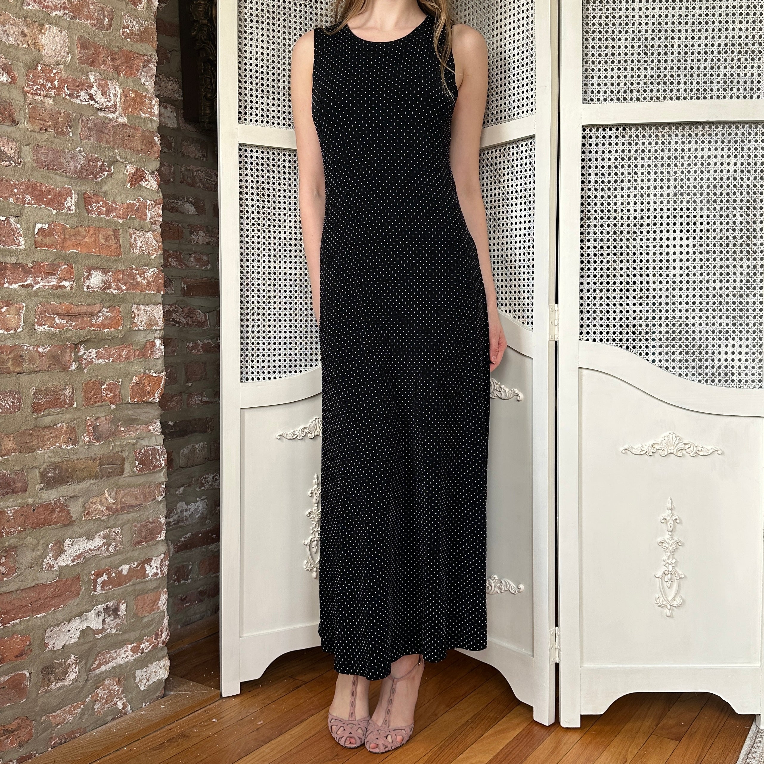 Vintage 90s Slinky Polka Dot Maxi Dress (M)