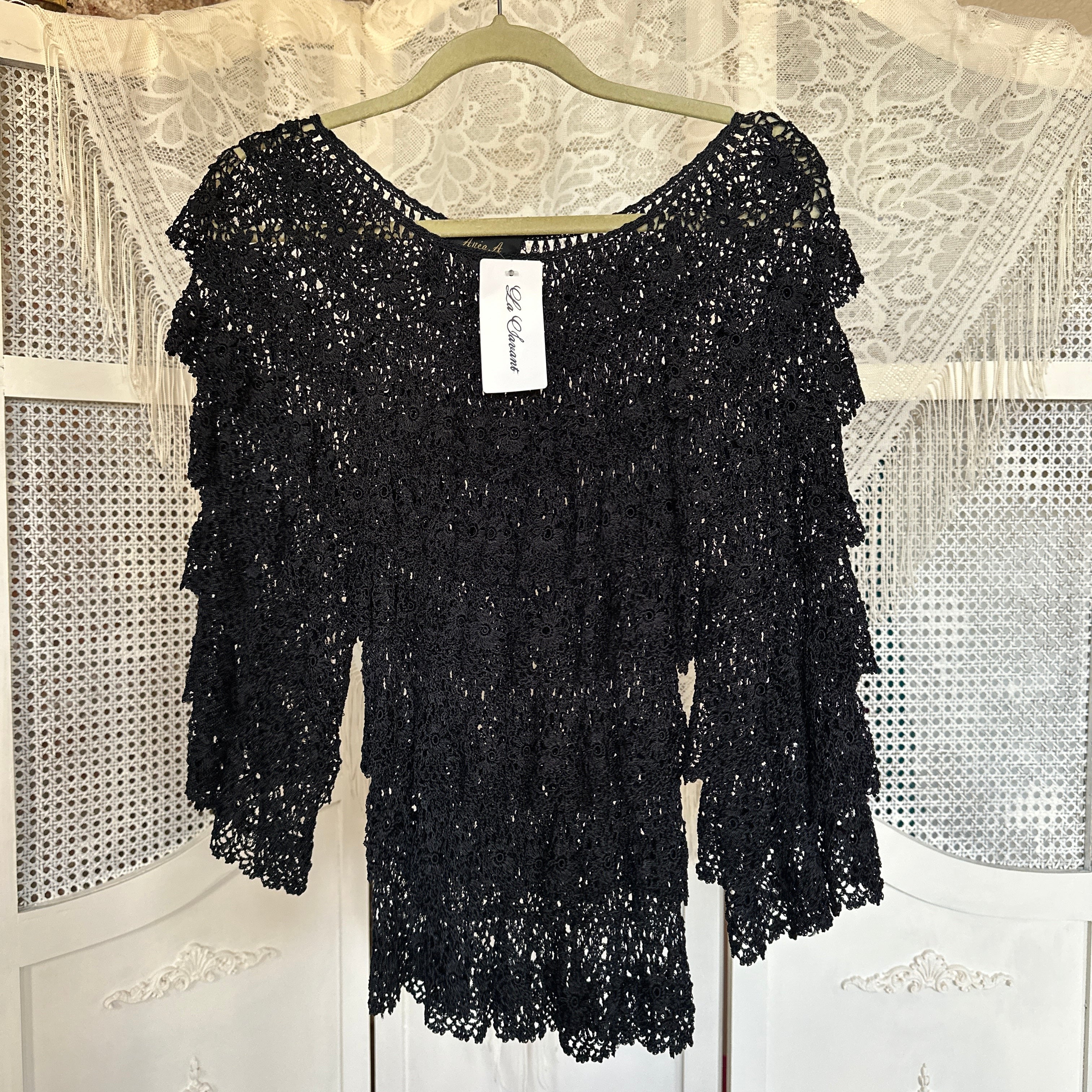 True Vintage Black Crochet Ruffle Blouse (S/M)