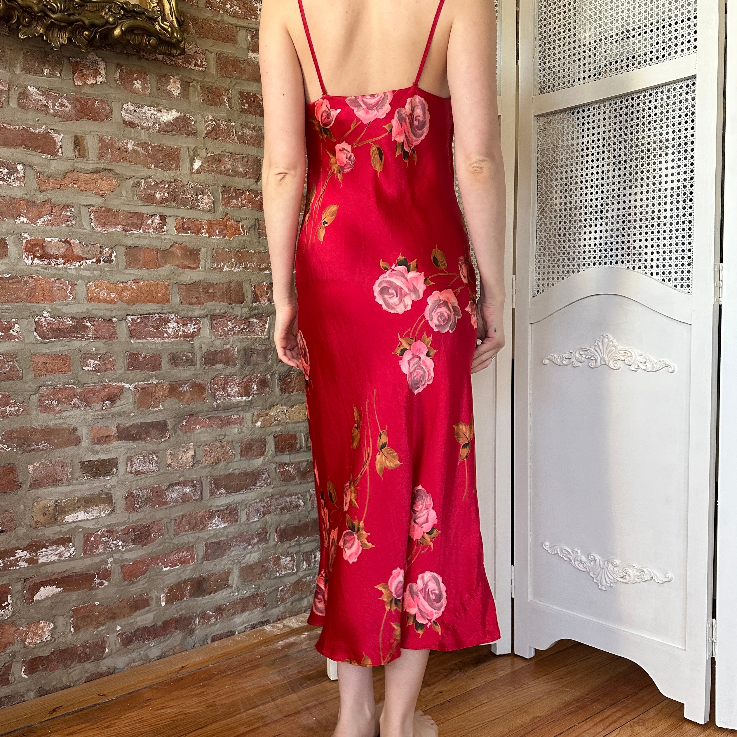 Vintage Silk Red Floral Slip Dress (S)