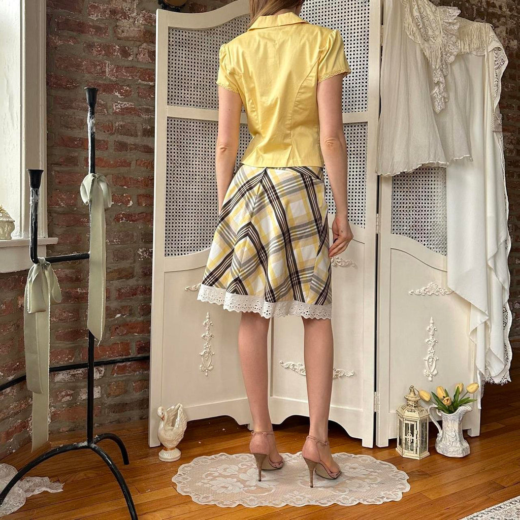 2000s Yellow Plaid Skirt Set (S)