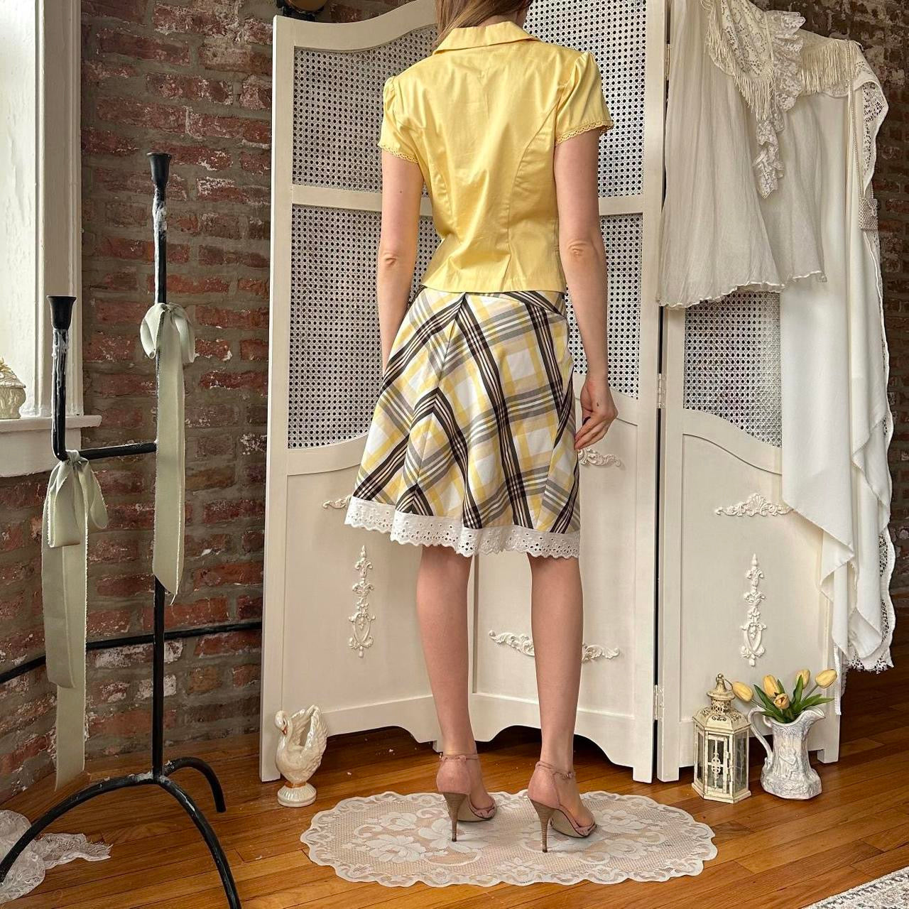 2000s Yellow Plaid Skirt Set (S)