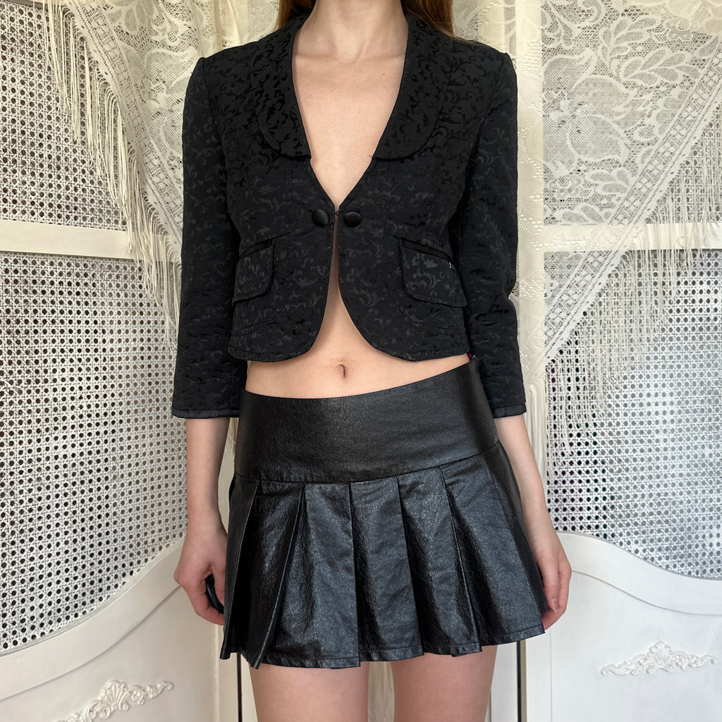 Vintage Black Pleated Faux Leather Mini Skirt (S)