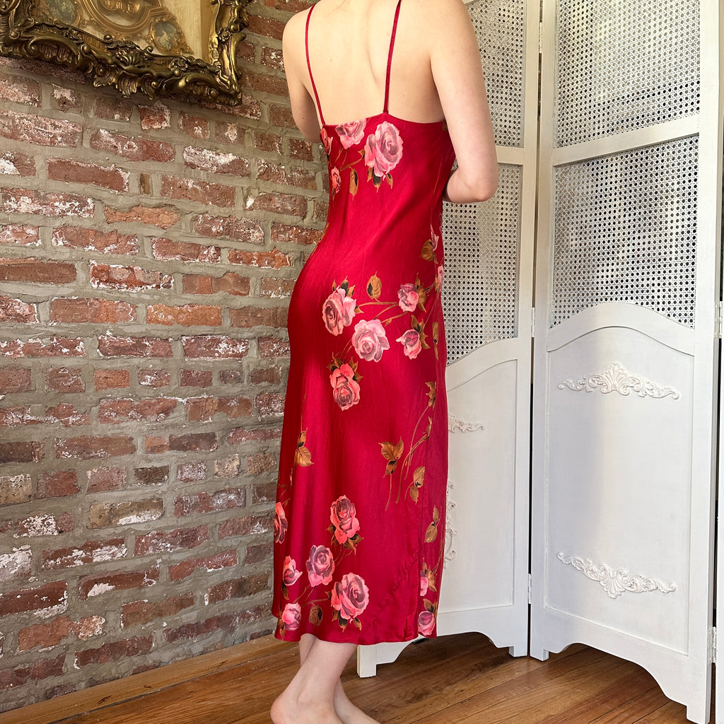 Vintage Silk Red Floral Slip Dress (S)