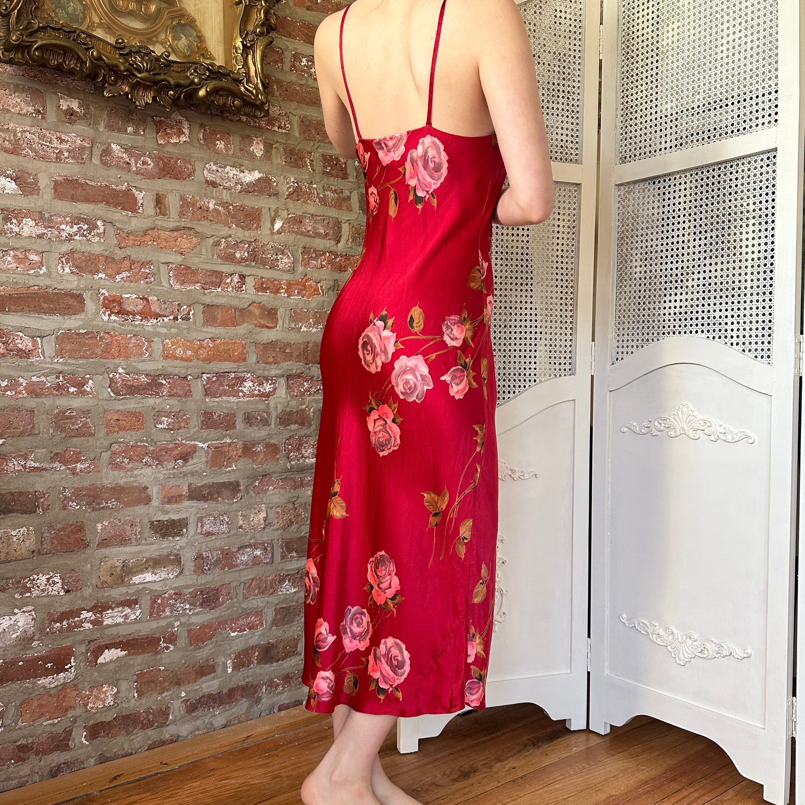 Vintage Silk Red Floral Slip Dress (S)