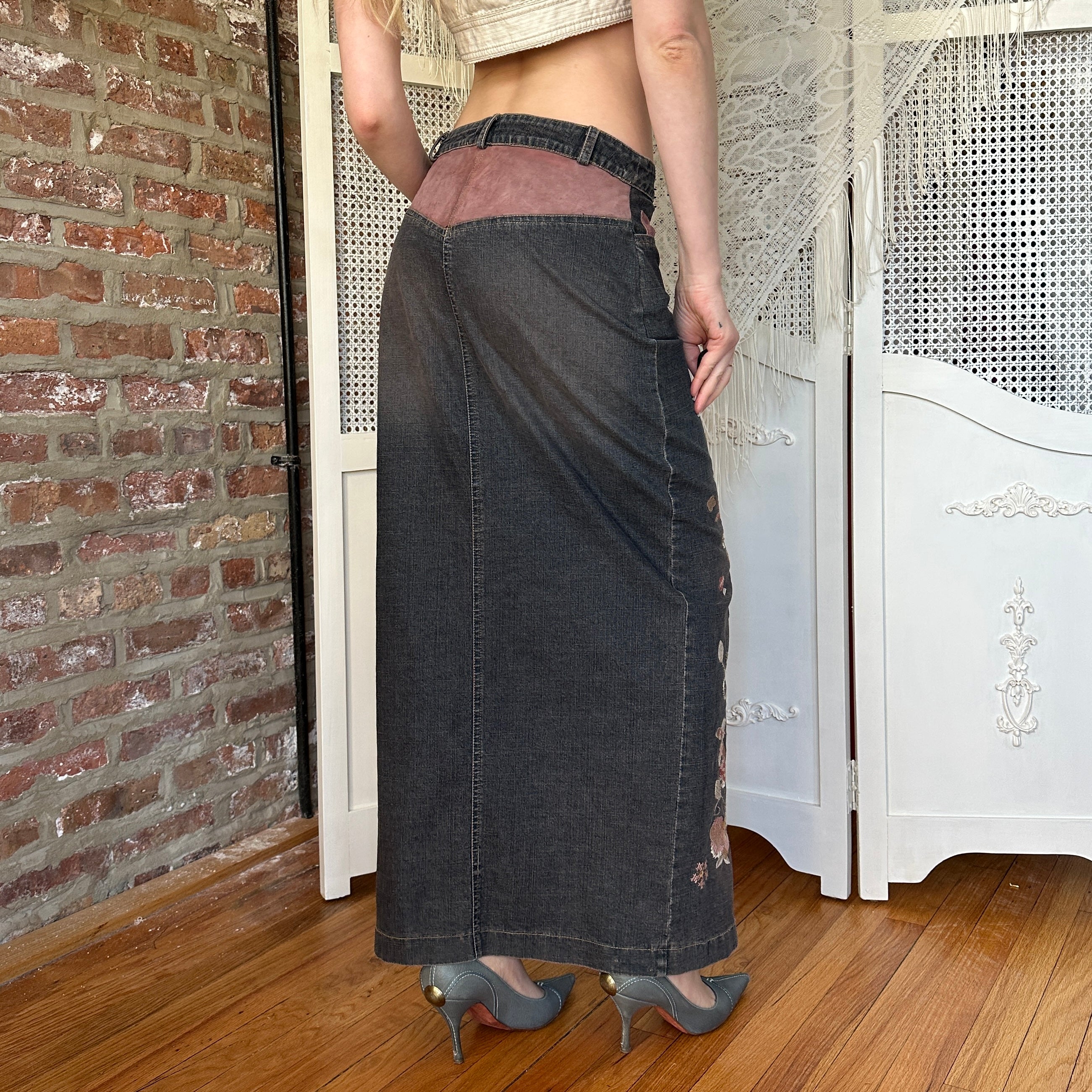 Vintage Denim Suede & Embroidered Maxi Skirt (M)