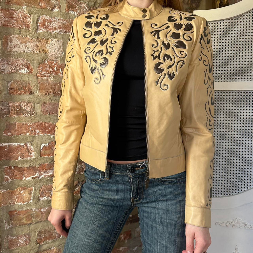 Vintage Tan & Black Leather Moto Jacket (S)