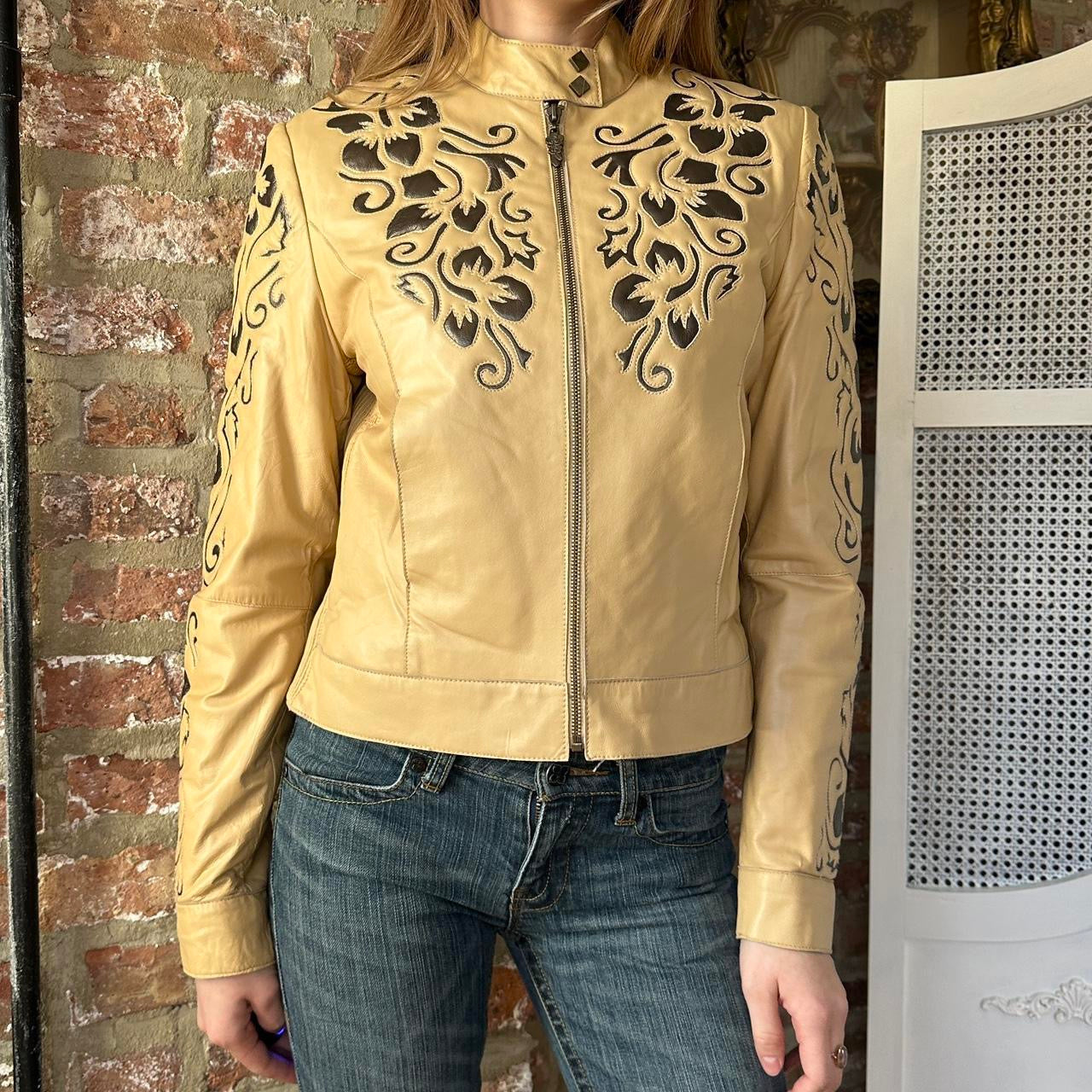 Vintage Tan & Black Leather Moto Jacket (S)