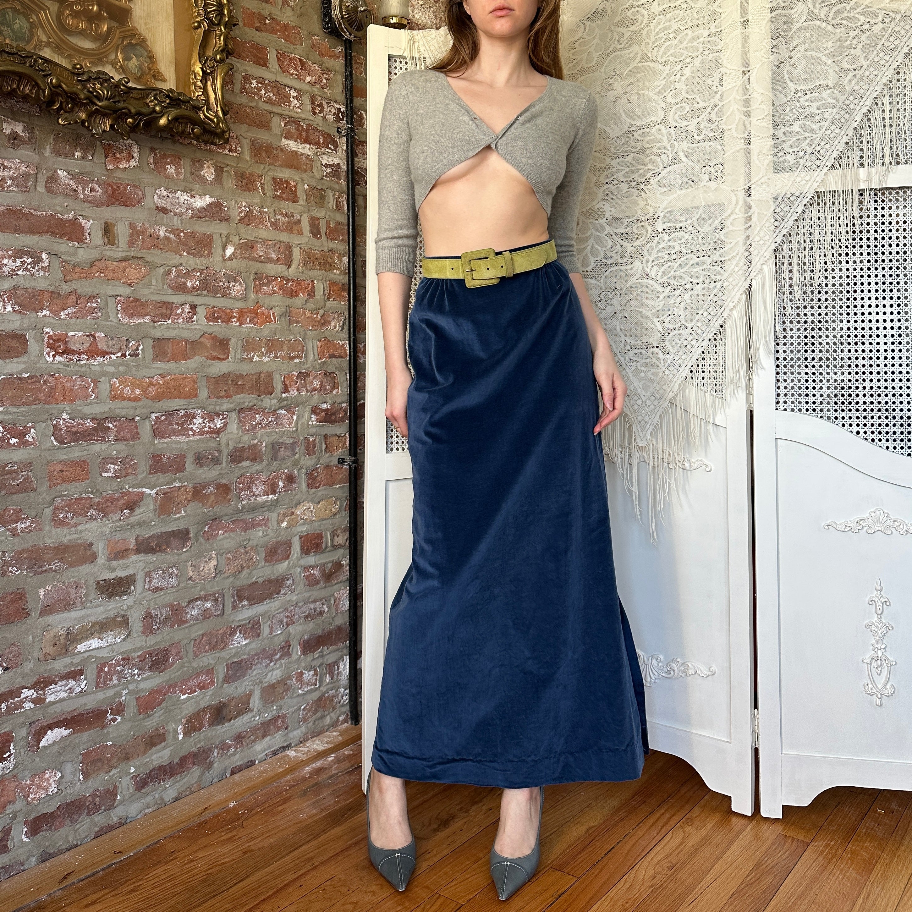 True Vintage Blue Velvet Maxi Skirt (S)