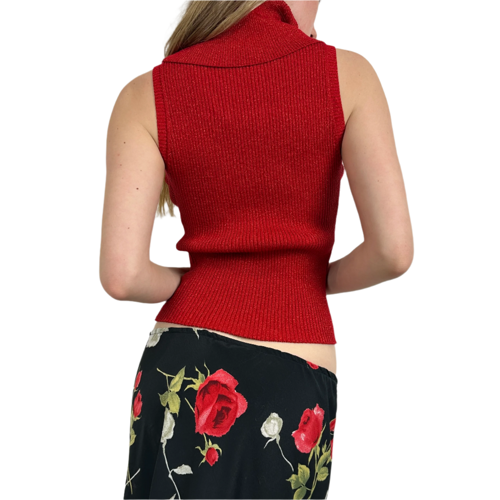 2000s Red Glitter Turtleneck Top (M)