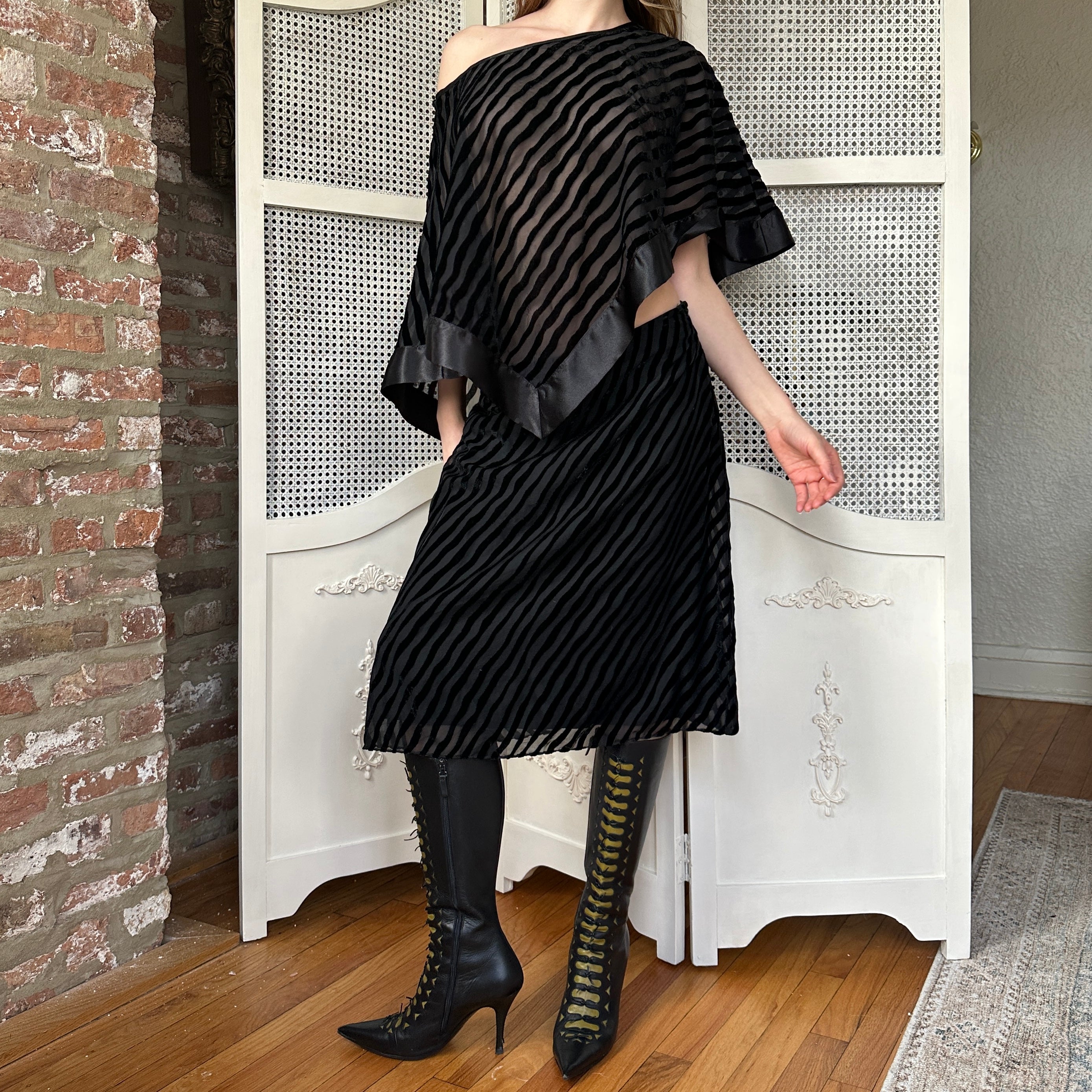 Vintage Striped Silk Poncho & Skirt Set (M)