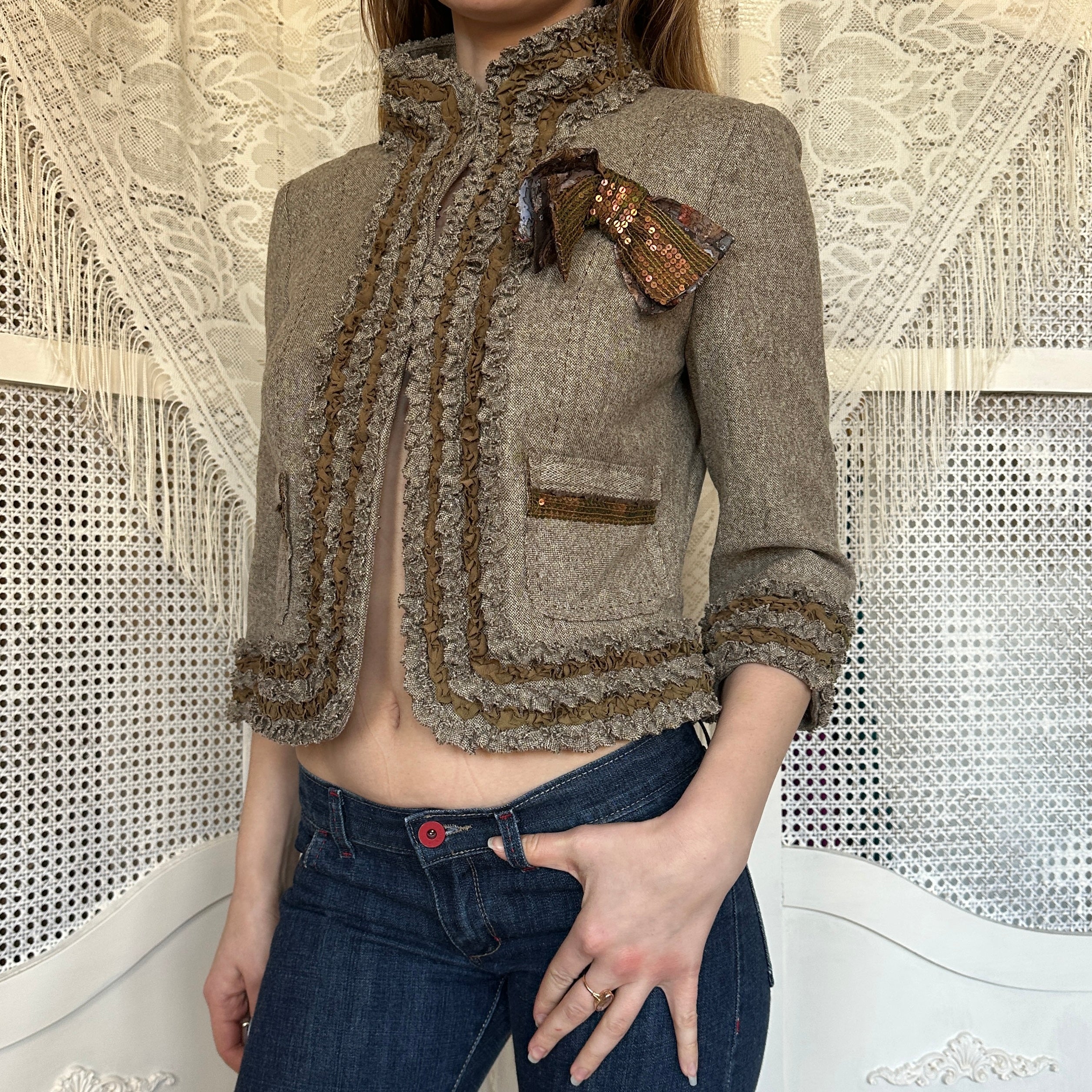 Vintage Wool Ruffle Blazer Top (XS)
