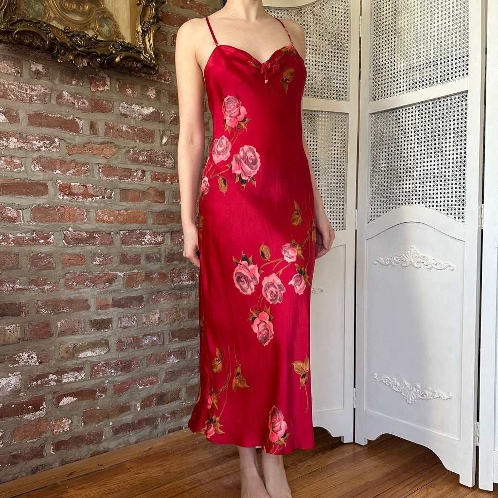 Vintage Silk Red Floral Slip Dress (S)