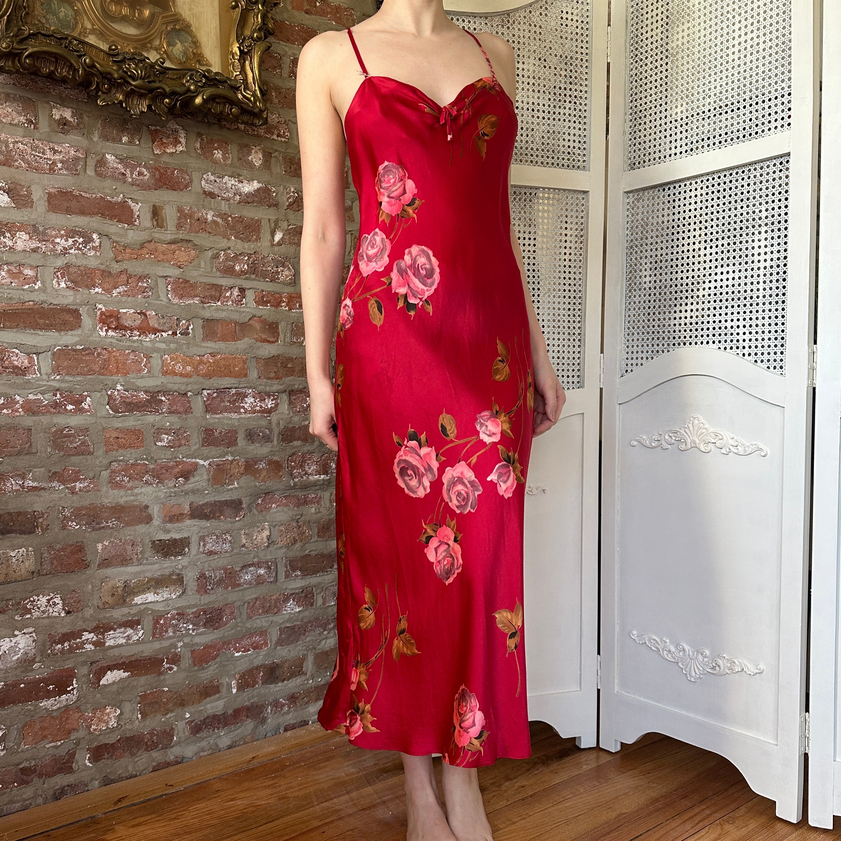 Vintage Silk Red Floral Slip Dress (S)