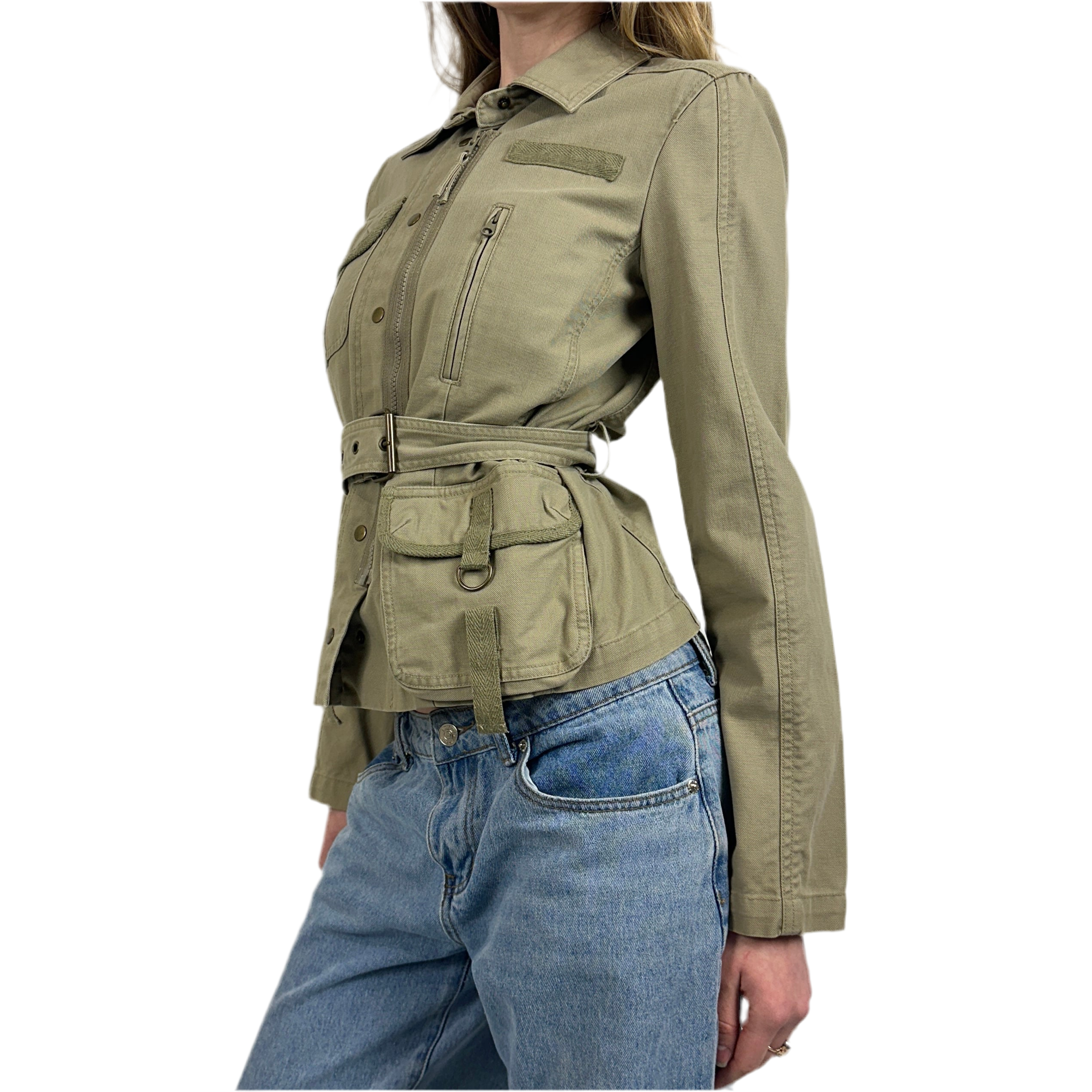 2000s Khaki Green Military Belted Jacket (S/M)