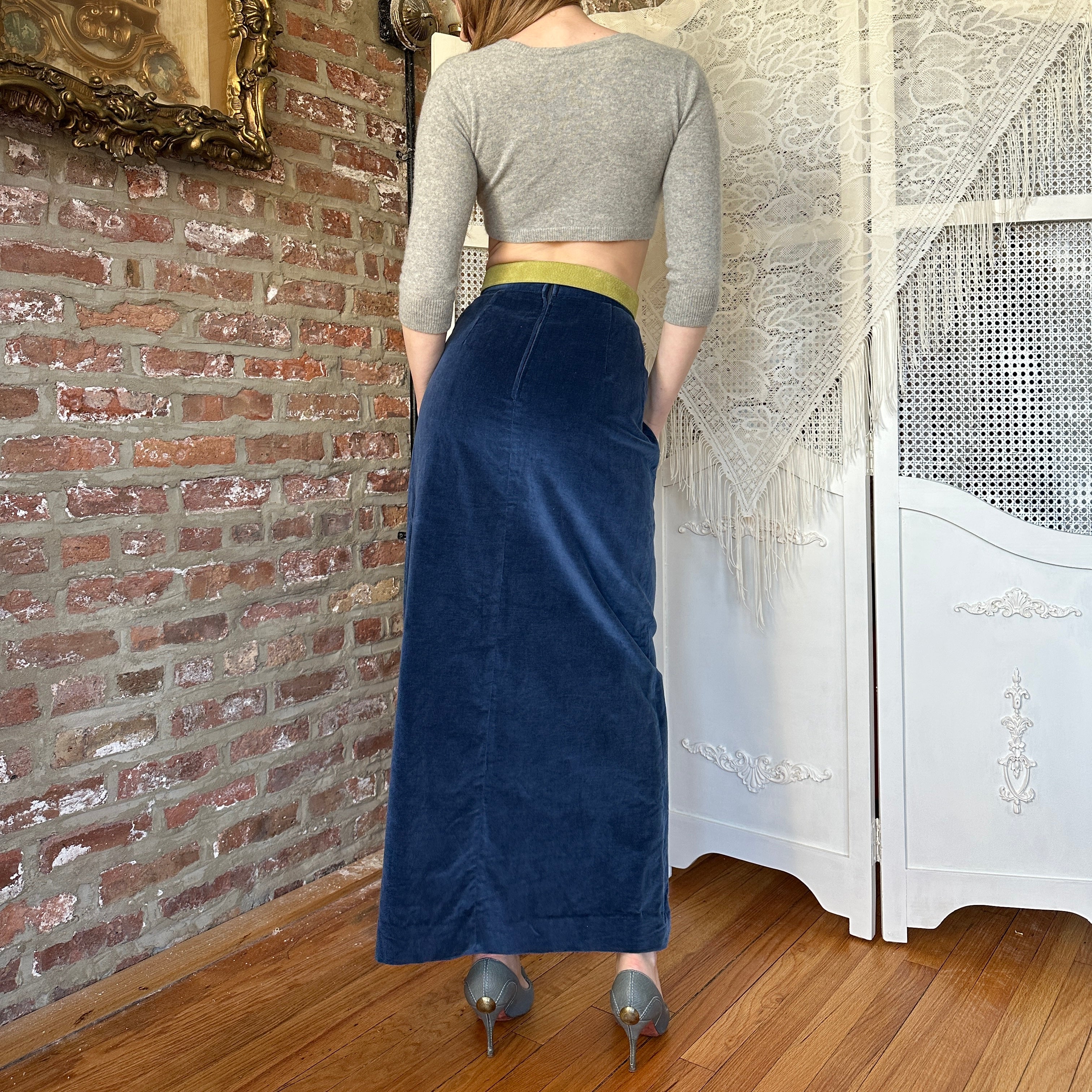 True Vintage Blue Velvet Maxi Skirt (S)