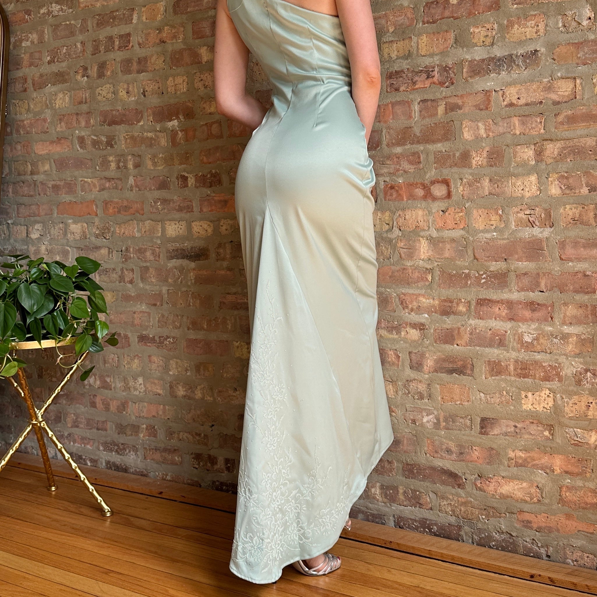 90s Pastel Mint Floral Satin Maxi Dress (M)